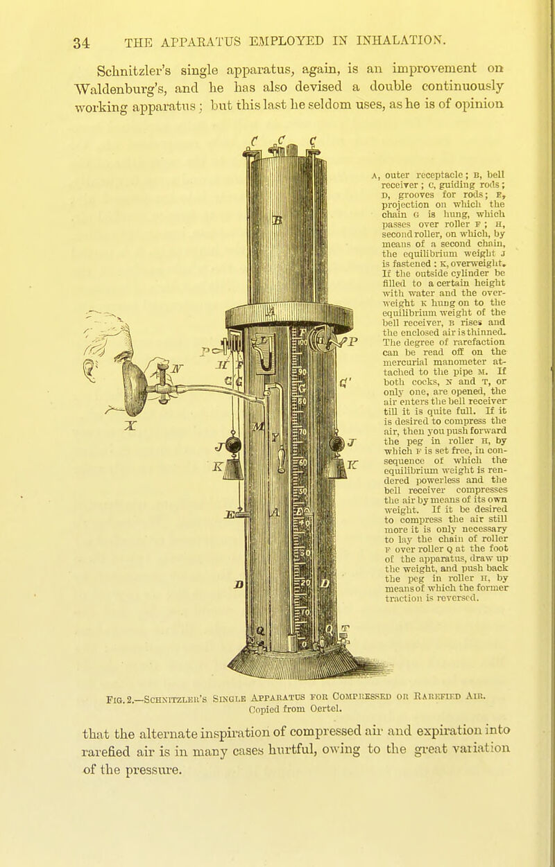 Sclinitzlei-'s single apparatus^ again, is an improvement on Waldenburg's, and he has also devised a double continuously- working apparatus; but this last he seldom uses, as he is of opinion A, outer receptacle; b, bell rcceiTer ; c, guiding rods ; D, grooves for rods; R, projection on whicli the chain G is Uung, wliieU passes over roller F ; H, second roller, on which, by means of a second chain, the equilibrium weight j is fastened : K, overweight. If the outside cylinder be filled to a certain height with water and the ovcr- Aveight ic hung on to the equilibi-ium weight of the bell receiver, b rises and the enclosed air is thinned^ Tlie degree of rarefaction can be read off on the mercui-ial manometer at- tached to the pipe M. If both cocks, N and T, or only one, are opened, the air enters the boll receiver tUl it is quite full. If it is desired to compress the air, then you push forward the peg in roUer H, by which p is set free, in con- sequence of which the equilibrium weight is ren- dered powerless and the bell receiver compresses tlie ail- by means of its own weight. If it be desired to compress the air still more it is only necessary to lay the chain of roller F over roller Q at the foot of the apparatus, draw up the weight, and push back the peg in i-oUer ir, by meansof which the former ti-action is reversed. FlG.2.—ScHXITZLElt'S SlKOI.E APPAIIATUS FOR COMri;KS?ED On RAUKFIKD All!. Copied from Oertel. that the alternate inspiration of compressed au' and expiration into rarefied air is in many cases hurtful, owing to the great variation of the pressure.