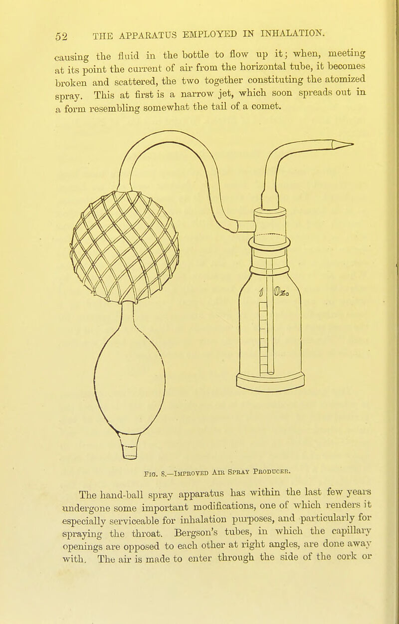 causing the fluid in tlie bottle to flow up it; when, meeting at its point the current of air from the horizontal tube, it becomes broken and scattered, the two together constituting the atomized spray. This at first is a narrow jet, which soon spreads out in a form resembling somewhat the tail of a comet. Fig. 8.—Improved Air Sprat Producer. The hand-ball spray apparatus has within the last few years undergone some important modifiications, one of which renders it especially serviceable for inhalation purposes, and particularly for spraying the throat. Bergson's tubes, in which the capillary openings are opposed to each other at right angles, are done away with. The air is made to enter through the side of the cork or