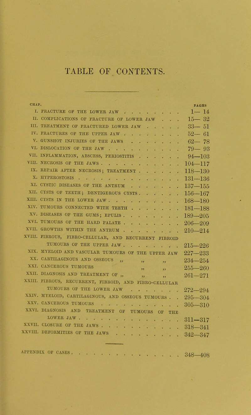 TABLE OF . CONTENTS. CHAP. PAQBB I. FRACTTTUE OF THE LOWEB, JAW 1— 14 II. COMPLICATIONS OE FEACTUKE OF LOWER JAW . . . 15— 32 lU. TREATMENT OF FRACTURED LOWER JAW 33 51 IV, FRACTURES OF THE UPPER JAW 52— 61 V. GUNSHOT INJURIES OF THE JAWS 62— 78 VI. DISLOCATION OF THE JAW 79— 93 VII. INFLAMMATION, ABSCESS, PERIOSTITIS 94—103 VUI. NECROSIS OF THE JAWS 104 117 IX. REPAIR AFTER NECROSIS; TREATMENT 118—130 X. HYPEROSTOSIS 131 I3Q XI. CYSTIC DISEASES OF THE ANTRUM 137—165 XII. CYSTS OF TEETH; DENTIGEEOUS CYSTS 156—167 XIU. CYSTS IN THE LOWER JAW . 168 180 XIV. TUMOURS CONNECTED WITH TEETH 181 188 XV. DISEASES OF THE GUMS; EPULIS 189 205 XVI. TUMOURS OF THE HARD PALATE 206 209 XVII. GROWTHS WITHIN THE ANTRUM 210 214 XVIII. FIBROUS, FLBRO-CELLULAR, AND RECURRENT FIBROU) TUMOURS OF THE UPPER JAW 216 226 XIX. MYELOID AND VASCULAR TUMOURS OF THE UPPER JAW 227—233 XX. CARTILAGINOUS AND OSSEOUS „ „ „ 234 254 XXI. CANCEROUS TUMOURS „ 255 260 XXII. DIAGNOSIS AND TREATMENT OF „ „ „ 261 271 XXIII. FIBROUS, RECURRENT, FIBROID, AND FIBRO-CELLULAR TUMOURS OF THE LOWER JAW 272 294 XXIV. MYELOID, CARTILAGINOUS, AND OSSEOUS TUMOURS . . 295—304 XXV. CANCEROUS TUMOURS 3O5 ^IQ XXVI. DIAGNOSIS AND TREATMENT OF TUMOURS OF THE LOWER JAW 317 XX.VII. CLOSURE OF THE JAWS 218 341 XXVIII. DEFORMITIES OF THE JAWS 342—347 APPENDIX OF CASES 348—408