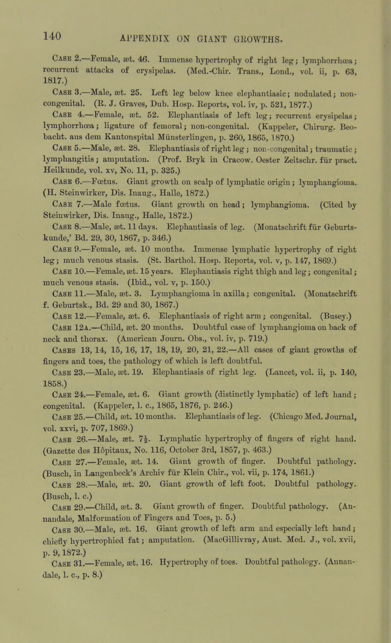 Cask 2.—Female, set. 46. Immense hypertrophy of right leg; lymphorrhoea; recurrent attacks of erysipelas. (Med.-Chir. Trans., Lond., vol. ii, p. 63, 1817.) Case 3.—Male, SBt. 25. Left leg below knee elephantiasic; nodulated; non- congenital. (R. J. Graves, Dub. Hosp. Reports, vol. iv, p. 521, 1877.) Case 4.—Female, set. 52. Elephantiasis of left leg; recurrent erysipelas; lymphorrhoea; ligature of femoral; non-congenital. (Kappeler, Chirurg. Beo- bacht. aus dem Kantonspital Miinsterlingen, p. 260,1865, 1870.) Case 5.—Male, set. 28. Elephantiasis of right leg; non-congenital; traumatic ; lymphangitis; amputation. (Prof. Bryk in Cracow. Oester Zeitschr. fur pract. Heilkunde, vol. xv, No. 11, p. 325.) CASE 6.—Foetus. Giant growth on scalp of lymphatic origin; lymphangioma. (H. Steinwirker, Dis. Inaug., Halle, 1872.) Case 7.—Male foetus. Giant growth on head; lymphangioma. (Cited by Steinwirker, Dis. Inaug., Halle, 1872.) Case 8.—Male, set. 11 days. Elephantiasis of leg. (Monatschrift fur Geburts- kunde/ Bd. 29, 30, 1867, p. 346.) Case 9.—Female, set. 10 months. Immense lymphatic hypertrophy of right leg; much venous stasis. (St. Barthol. Hosp. Reports, vol. v, p. 147, 1869.) Case 10.—Female, set. 15 years. Elephantiasis right thigh and leg; congenital; much venous stasis. (Ibid., vol. v, p. 150.) Case 11.—Male, set. 3. Lymphangioma in axilla; congenital. (Monatschrift f. Geburtsk., Bd. 29 and 30, 1867.) Case 12.—Female, set. 6. Elephantiasis of right arm; congenital. (Busey.) CASE 12a.—Child, set. 20 months. Doubtful case of lymphangioma on back of neck and thorax. (American Journ. Obs., vol. iv, p. 719.) Cases 13, 14, 15, 16, 17, 18, 19, 20, 21, 22.—All cases of giant growths of fingers and toes, the pathology of which is left doubtful. Case 23.—Male, set. 19. Elephantiasis of right leg. (Lancet, vol. ii, p. 140, 1858.) Case 24.—Female, set. 6. Giant growth (distinctly lymphatic) of left hand; congenital. (Kappeler, 1. c, 1865, 1876, p. 246.) Case 25.—Child, set. 10 months. Elephantiasis of leg. (Chicago Med. Journal, vol. xxvi, p. 707,1869.) Case 26.—Male, set. 7i. Lymphatic hypertrophy of fingers of right hand. (Gazette des H&pitaux, No. 116, October 3rd, 1857, p. 463.) Case 27.—Female, set. 14. Giant growth of finger. Doubtful pathology. (Busch, in Langenbeck's Archiv fur Klein Chir., vol. vii, p. 174, 1861.) Case 28.—Male, set. 20. Giant growth of left foot. Doubtful pathology. (Busch, 1. c.) Case 29.—Child, set. 3. Giant growth of finger. Doubtful pathology. (An- nandale, Malformation of Fingers and Toes, p. 5.) Case 30.—Male, set. 16. Giant growth of left arm and especially left hand; chiefly hypertrophied fat; amputation. (MacGillivray, Aust. Med. J., vol. xvii, p. 9,1872.) CASE 31.—Female, set. 16. Hypertrophy of toes. Doubtful pathology. (Annan- dale, 1. c, p. 8.)