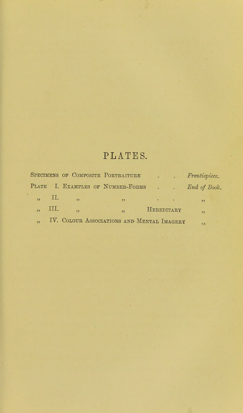 PLATES. Specimens of Composite Portraiture . . Frontispiece^ Plate L Examples of Number-Forms . . Evd of Boolc^ » » )> • • n III- J, Hereditary „
