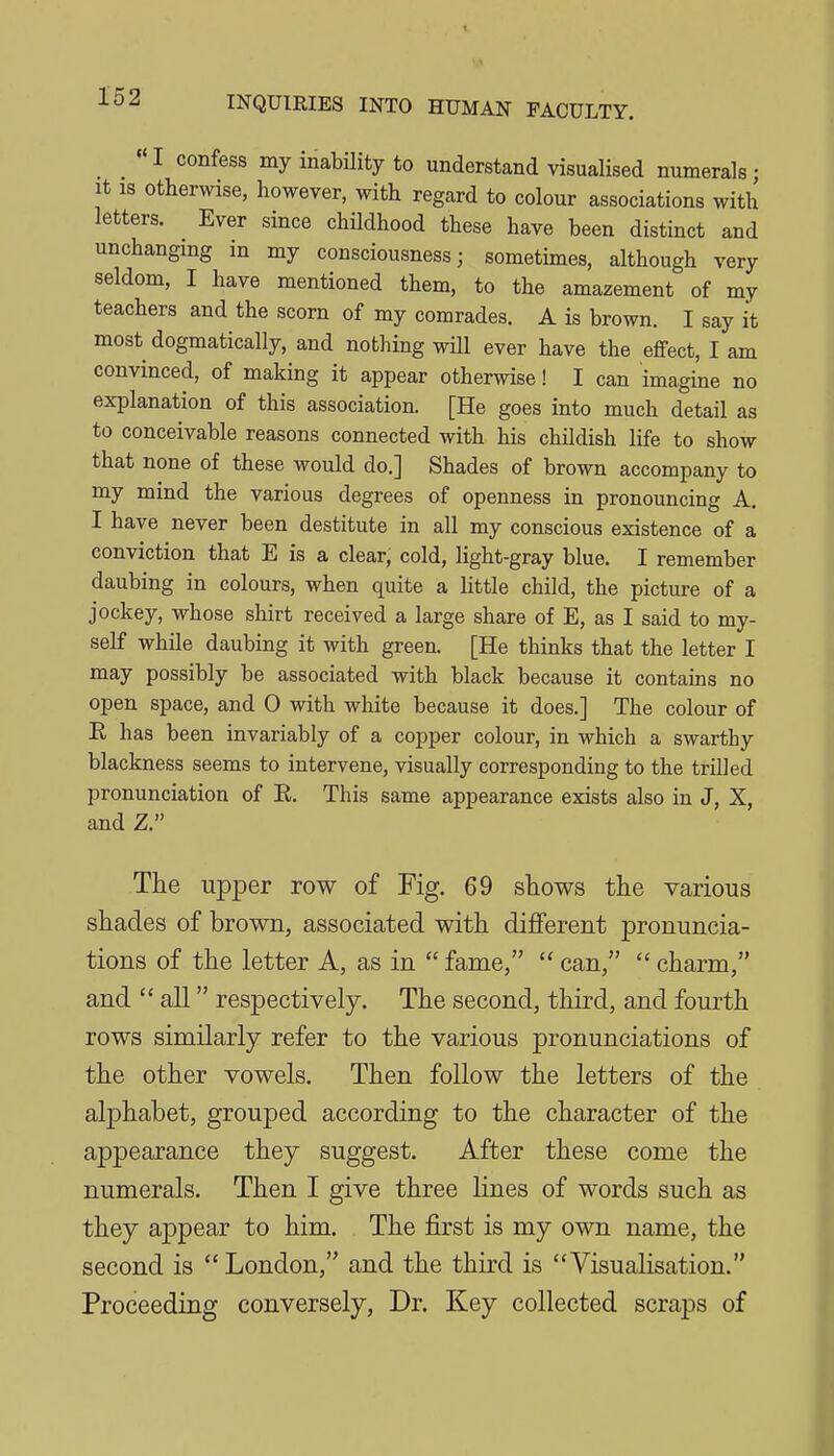 I confess my inabUity to understand visualised numerals; It IS otherwise, however, with regard to colour associations with letters. Ever since childhood these have been distinct and unchangmg in my consciousness; sometimes, although very seldom, I have mentioned them, to the amazement of my teachers and the scorn of my comrades. A is brown. I say it most dogmatically, and nothing will ever have the effect, I am convinced, of making it appear otherwise! I can imagine no explanation of this association. [He goes into much detail as to conceivable reasons connected with his childish life to show that none of these would do.] Shades of brown accompany to my mind the various degrees of openness in pronouncing A. I have never been destitute in all my conscious existence of a conviction that E is a clear, cold, light-gray blue. I remember daubing in colours, when quite a little child, the picture of a jockey, whose shirt received a large share of E, as I said to my- self while daubing it with green. [He thinks that the letter I may possibly be associated with black because it contains no open space, and 0 with white because it does.] The colour of E has been invariably of a copper colour, in which a swarthy blackness seems to intervene, visually corresponding to the trilled pronunciation of R. This same appearance exists also in J, X, and Z. The upper row of Fig, 69 shows the various shades of brown, associated with dijfferent pronuncia- tions of the letter A, as in  fame,  can,  charm, and  all respectively. The second, third, and fourth rows similarly refer to the various pronunciations of the other vowels. Then follow the letters of the alphabet, grouped according to the character of the appearance they suggest. After these come the numerals. Then I give three lines of words such as they appear to him. The first is my own name, the second is London, and the third is Visualisation. Proceeding conversely, Dr. Key collected scraps of