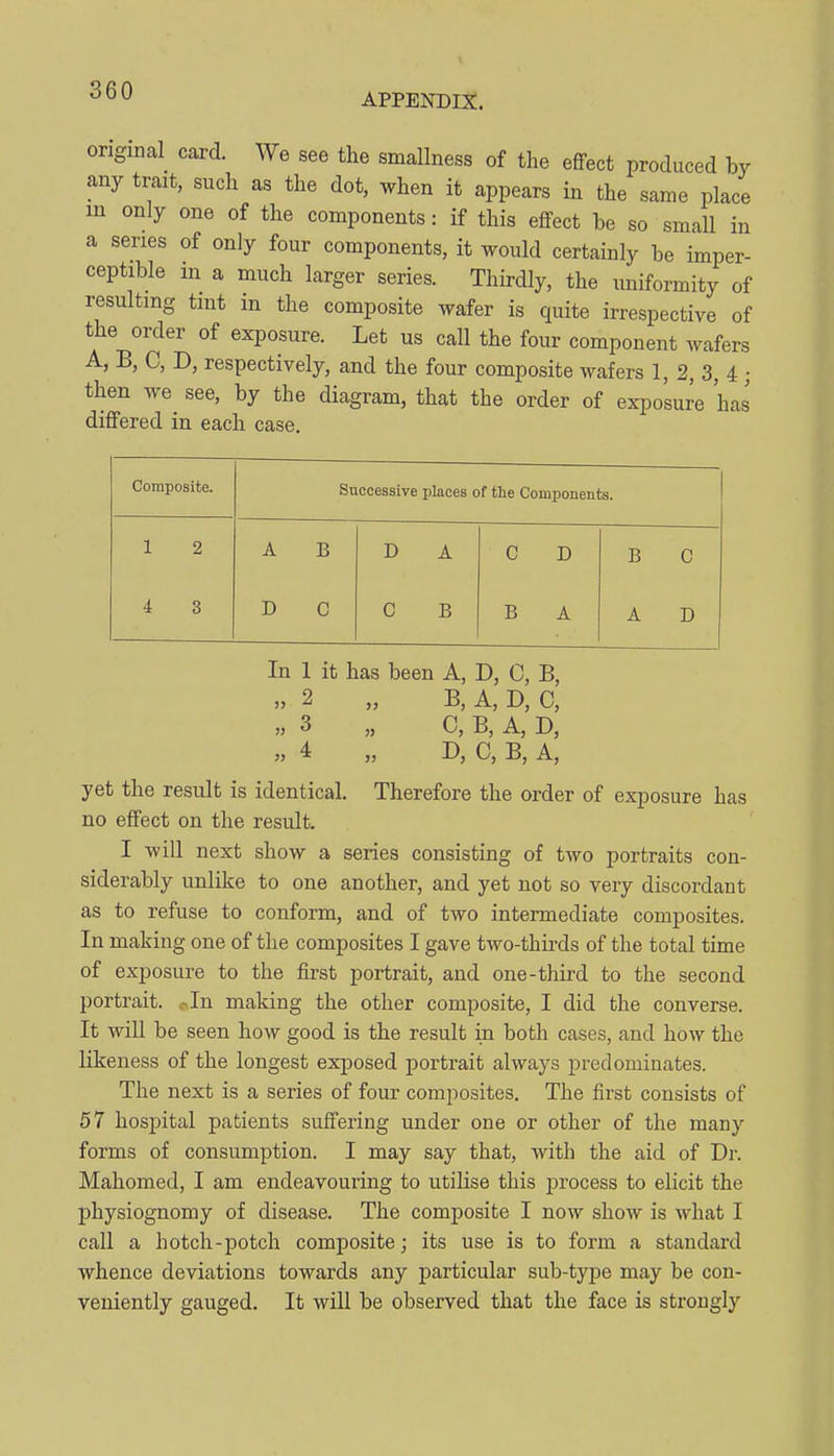 APPENDIX. original card. We see the smallness of the effect produced hy any trait, such as the dot, when it appears in the same place m only one of the components: if this effect be so small in a series of only four components, it would certainly be imper- ceptible in a much larger series. Thirdly, the uniformity of resulting tmt in the composite wafer is quite irrespective of the order of exposure. Let us call the four component wafers A, B, C, D, respectively, and the four composite wafers 1, 2, 3, 4; then we^ see, by the diagram, that the order of exposure has differed in each case. Composite. Successive places of the Components. 1 2 4 3 A B D C D A C B C D B A B C A D In 1 it has been A, D, C, B, „ 2 „ B, A, D, 0, „ 3 „ C, B, A, D, „ 4 „ D, C, B, A, yet the result is identical. Therefore the order of exposure has no effect on the result. I will next show a series consisting of two portraits con- siderably unlike to one another, and yet not so very discordant as to refuse to conform, and of two intermediate composites. In making one of the composites I gave two-thirds of the total time of exposure to the first portrait, and one-third to the second portrait. .-In making the other composite, I did the converse. It will be seen how good is the result in both cases, and how the likeness of the longest exposed portrait always predominates. The next is a series of four composites. The first consists of 57 hospital patients suffering under one or other of the many forms of consumption. I may say that, with the aid of Dr. Mahomed, I am endeavouring to utilise this process to elicit the physiognomy of disease. The composite I now show is what I call a hotch-potch composite; its use is to form a standard whence deviations towards any particular sub-type may be con- veniently gauged. It will be observed that the face is strongly