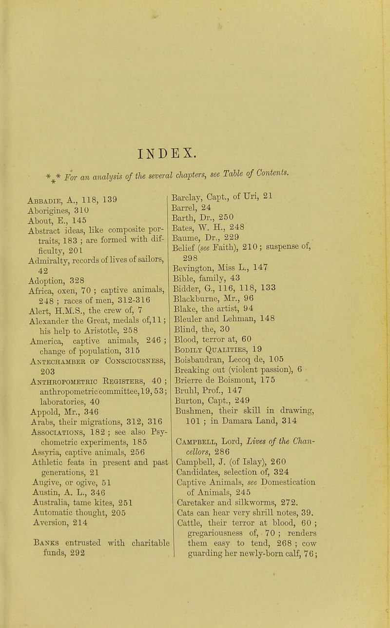 INDEX. *^* For an analysis of tJie severe Abbadie, a., 118, 139 Aborigines, 310 About, E., 145 Abstract ideas, like composite por- traits, 183 ; are formed with dif- ficulty, 201 Admiralty, records of lives of sailors, 42 Adoption, 328 Africa, oxen, 70 ; captive animals, 248 ; races of men, 312-316 Alert, H.M.S., tbe crew of, 7 Alexander the Great, medals of,ll; his help to Aristotle, 258 America, captive animals, 246 ; change of population, 315 AXTECHAMBEE OF CONSCIOUSNESS, 203 Anthropometric Registers, 40 ; anthropometric committee, 19,53; laboratories, 40 Appold, Mr., 346 Arabs, their migrations, 312, 316 Associations, 182 ; see also Psy- chometric experiments, 185 Assyria, captive animals, 256 Athletic feats in present and past generations, 21 Augive, or ogive, 51 Austin, A. L., 346 Australia, tame kites, 251 Automatic thought, 205 Aversion, 214 Banks entrusted with charitable funds, 292 I chapters, see Table of Contents. Barclay, Capt., of Uri, 21 Barrel, 24 Earth, Dr., 250 Bates, W. H., 248 Baiime, Dr,, 229 Belief {see Faith), 210 ; suspense of, 298 Bevington, Miss L., 147 Bible, family, 43 Bidder, G., 116, 118, 133 Blackburne, Mr., 96 Blake, the artist, 94 Bleuler and Lehman, 148 Blind, the, 30 Blood, terror at, 60 Bodily Qualities, 19 Boisbaudran, Lecoq de, 105 Breaking out (violent passion), 6 Brierre de Boismont, 175 Bruhl, Prof., 147 Burton, Capt., 249 Bushmen, their skill in drawing, 101 ; in Damara Land, 314 Campbell, Lord, Lives of the Clian- cellors, 286 CampbeU, J. (of Islay), 260 Candidates, selection of, 324 Captive Animals, see Domestication of Animals, 245 Caretaker and silkworms, 272. Cats can hear very shrill notes, 39. Cattle, their terror at blood, 60 ; gregariousness of, 70 ; renders them easy to tend, 268 ; cow guarding her newly-born calf, 7 6;