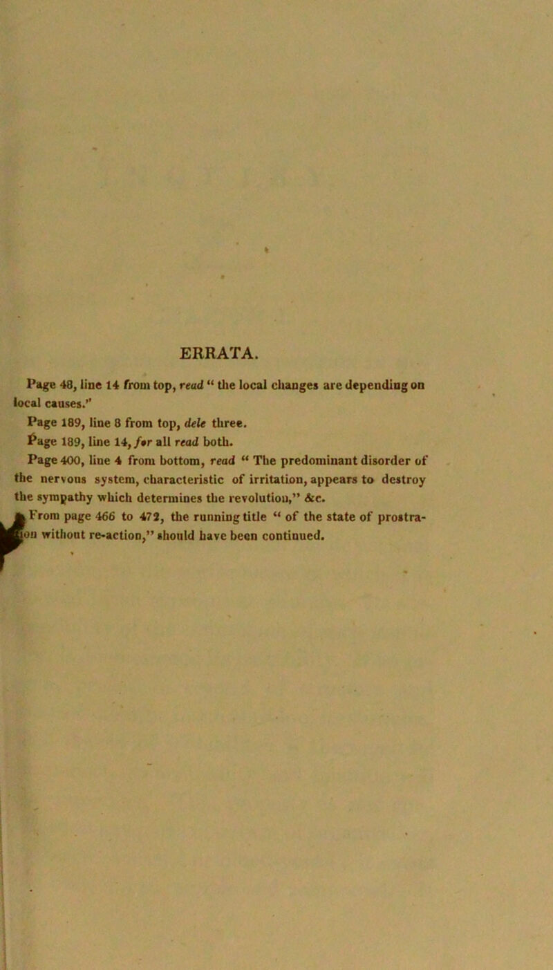ERRATA. Page 48, line 14 from top, read “ the local change* are depending on local causes.’’ Page 189, line 8 from top, dele three. Page 189, line 14,/*r all read both. Page 400, hue 4 from bottom, read “ The predominant disorder of the nervous system, characteristic of irritation, appears to destroy the sympathy which determines the revolution,” &c. I^Yrom page 466 to 472, the running title “ of the state of prostra- Jnou without re-action,” should have been continued. r