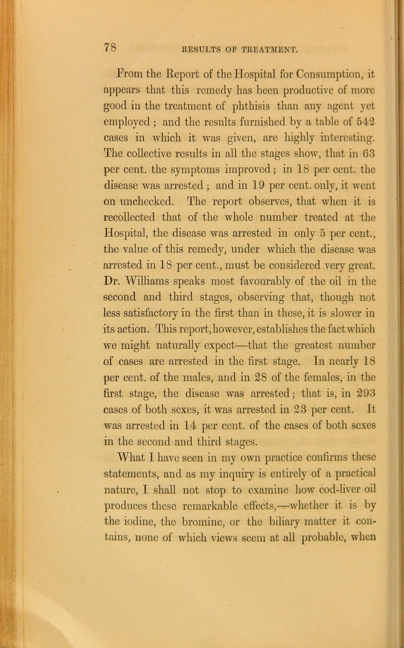 From the Report of the Hospital for Consumption, it appears that this remedy has been productive of more good in the treatment of phthisis than any agent yet employed ; and the results furnished by a table of 542 cases in which it was given, are highly interesting. The coUective results in all the stages show, that in 63 per cent, the symptoms improved; in 18 per cent, the disease was arrested; and in 19 per cent, only, it went on unchecked. The report observes, that when it is recollected that of the whole number treated at the Hospital, the disease was arrested in only 5 per cent., the value of this remedy, under which the disease was arrested in 18 per cent., must be considered very great. Dr. Williams speaks most favourably of the oil in the second and third stages, observing that, though not less satisfactory in the first than in these, it is slower in its action. This report, however, establishes the fact which we might naturally expect—that the greatest number of cases are arrested in the first stage. In nearly 18 per cent, of the males, and in 28 of the females, in the first stage, the disease was arrested; that is, in 293 cases of both sexes, it was arrested in 23 per cent. It was arrested in 14 per cent, of the cases of both sexes in the second and third stages. What I have seen in my own practice confu-ms these statements, and as my inquiry is entirely of a practical nature, I shall not stop to examine how cod-liver oil produces these remarkable eftects,-Tr-whether it is by the iodine, the bromine, or the biliary matter it con- tains, none of which views seem at all probable, when