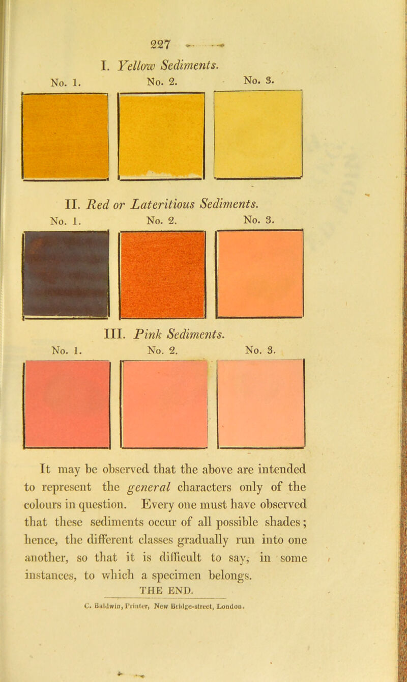 I. Yellow Sediments. / No. 1. No. 2. No. 3. II. Red or Lateritious Sediments. No. 1. No. 2. No. 3. IHI III. Pink Sediments. No. 1. No. 2. No. 3. It may be observed that the above are intended to represent the general characters only of the colours in question. Every one must have observed that these sediments occur of all possible shades; hence, the different classes gradually run into one another, so that it is difficult to say, in some instances, to which a specimen belongs. THE END. C. Baldwin, Printer, New Biidge-strect, London.