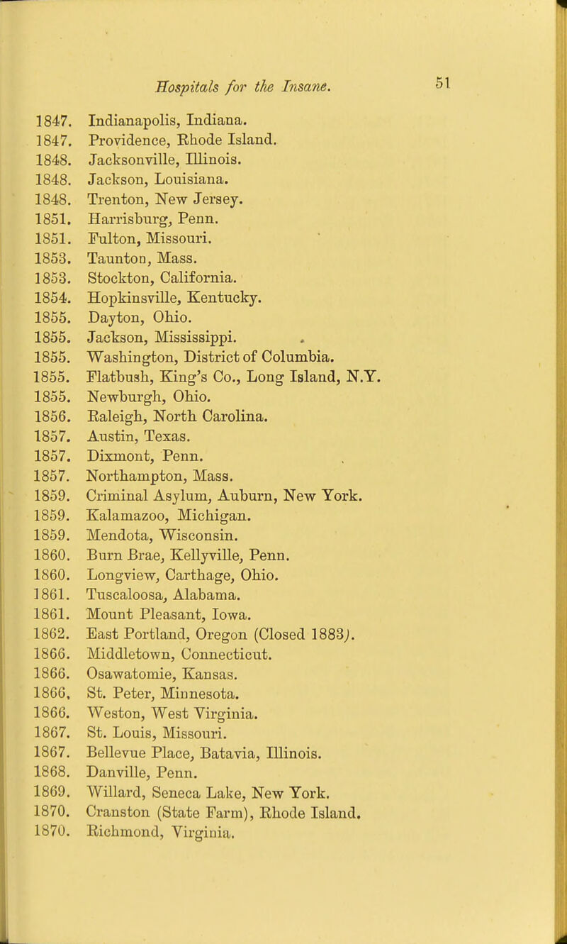 1847. Indianapolis, Indiana. 1847. Providence, Ehode Island. 1848. Jacksonville, Illinois. 1848. Jackson, Louisiana. 1848. Trenton, New Jersey. 1851. Harrisburg, Penn. 1851. Fulton, Missouri. 1853. Taunton, Mass. 1853. Stockton, California. 1854. Hopkinsville, Kentucky. 1855. Dayton, Ohio. 1855. Jackson, Mississippi. 1855. Washington, District of Columbia. 1855. Flatbush, King's Co., Long Island, N.Y. 1855. Newburgh, Ohio. 1856. Ealeigh, North Carolina. 1857. Austin, Texas. 1857. Dixmont, Penn. 1857, Northanapton, Mass. 1859. Criminal Asylum, Auburn, New York. 1859. Kalamazoo, Michigan. 1859. Mendota, Wisconsin. 1860. Burn Brae, Kellyville, Penn. 1860. Longview, Carthage, Ohio. 1861. Tuscaloosa, Alabama. 1861. Mount Pleasant, Iowa. 1862. East Portland, Oregon (Closed 1883;. 1866. Middletown, Connecticut. 1866. Osawatomie, Kansas. 1866. St. Peter, Minnesota. 1866. Weston, West Virginia. 1867. St. Louis, Missouri. 1867. Bellevue Place, Batavia, Illinois. 1868. Danville, Penn. 1869. Willard, Seneca Lake, New York. 1870. Cranston (State Farm), Rhode Island. 1870. Richmond, Virginia.
