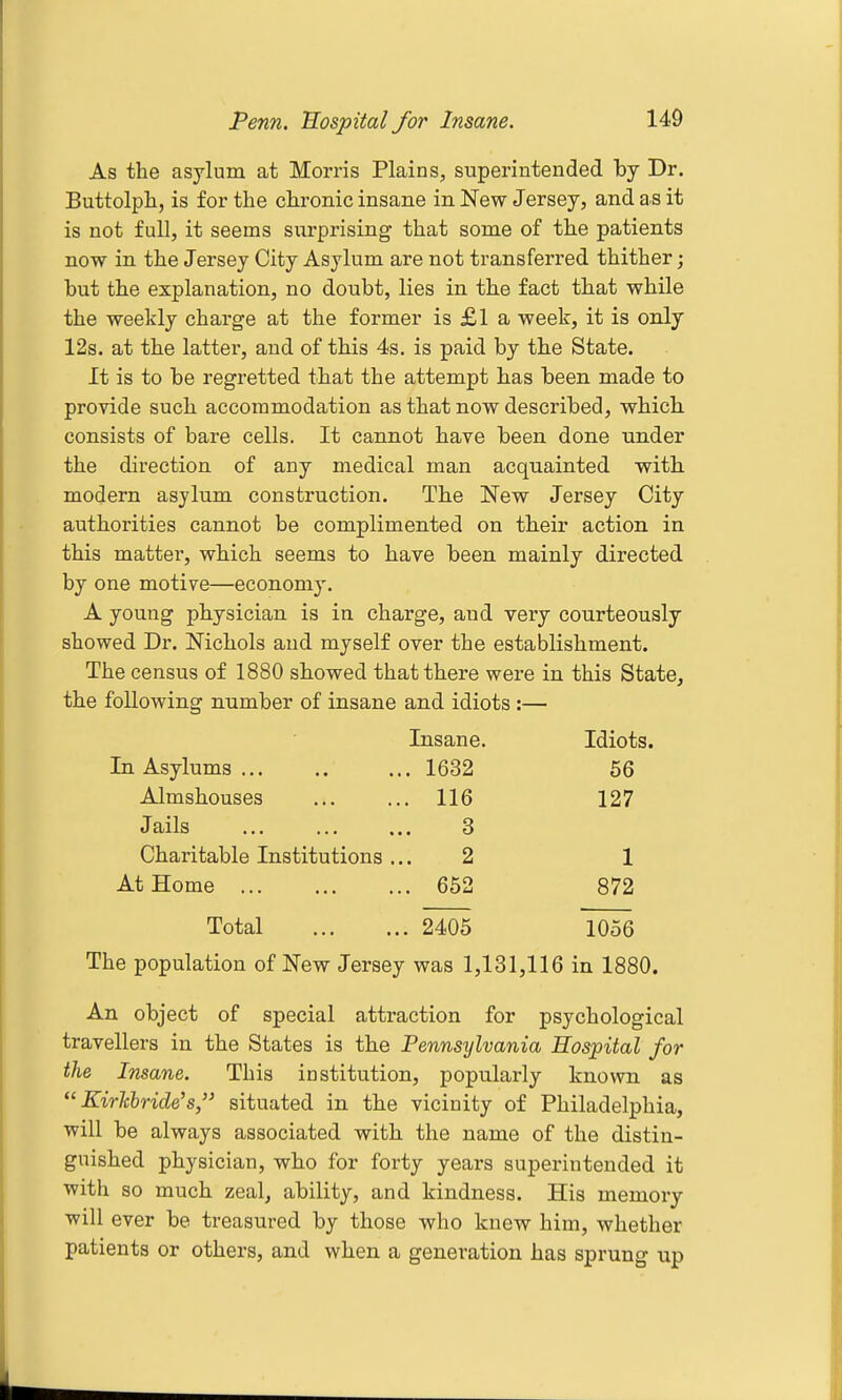As the asylum at Morris Plains, superintended by Dr. Buttolph, is for the chronic insane in New Jersey, and as it is not full, it seems sxirprising that some of the patients now in the Jersey City Asylum are not transferred thither; hut the explanation, no doubt, lies in the fact that while the weekly charge at the former is £1 a week, it is only 12s. at the latter, and of this 4s. is paid by the State, It is to be regretted that the attempt has been made to provide such accommodation as that now described, which consists of bare cells. It cannot have been done under the direction of any medical man acquainted with modern asylum construction. The New Jersey City authorities cannot be complimented on their action in this matter, which seems to have been mainly directed by one motive—economy. A young physician is in charge, and very courteously showed Dr. Nichols and myself over the establishment. The census of 1880 showed that there were in this State, the following number of insane and idiots :— Insane. Idiots. In Asylums ... .. 1632 56 Almshouses .. 116 127 Jails 3 Charitable Institutions , 2 1 At Home ... .. 652 872 Total .. 2405 1056 The population of New Jersey was 1,131,116 in 1880. An object of special attraction for psychological travellers in the States is the Pennsylvania Hospital for the Insane. This institution, popularly known as  KirJcbride's, situated in the vicinity of Philadelphia, will be always associated with the name of the distin- guished physician, who for forty years superintended it with so much zeal, ability, and kindness. His memory will ever be treasured by those who knew him, whether patients or others, and when a genei'ation has sprung up