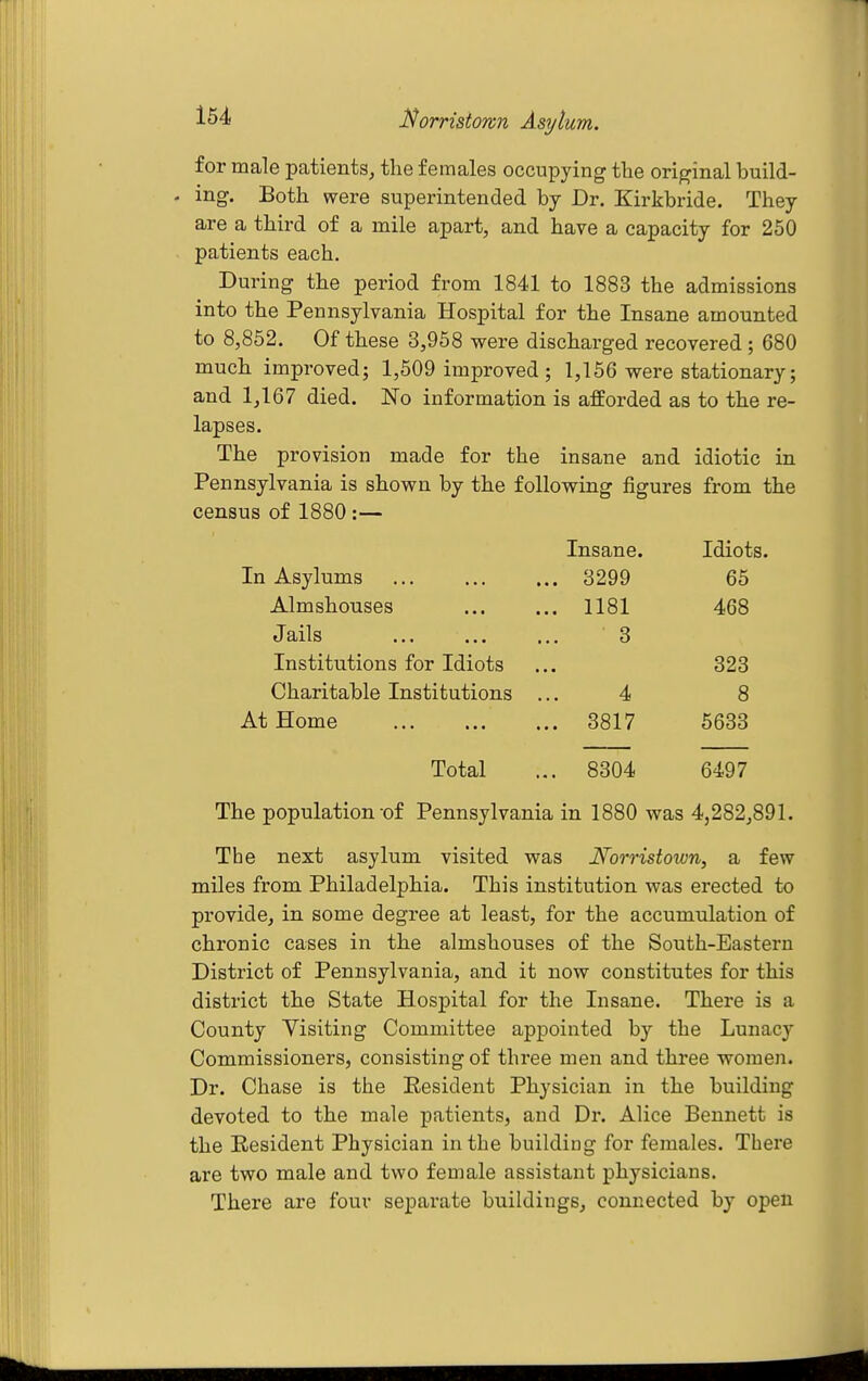for male patients, the females occupying the original build- - ing. Both were superintended by Dr. Kirkbride. They are a third of a mile apart, and have a capacity for 250 patients each. During the period from 1841 to 1883 the admissions into the Pennsylvania Hospital for the Insane amounted to 8,852. Of these 3,958 were discharged recovered ; 680 much improved^ 1,509 improved ; 1,156 were stationary; and 1,167 died. No information is afforded as to the re- lapses. The provision made for the insane and idiotic in Pennsylvania is shown by the following figures from the census of 1880:— Insane. Idiots. In Asylums ,.. 3299 65 Almshouses ... 1181 468 Jails ... ... 3 Institutions for Idiots 323 Charitable Institutions 4 8 At Home 3817 5633 Total .. 8304 6497 The population of Pennsylvania in 1880 was 4,282,891. The next asylum visited was JSforristown, a few miles from Philadelphia. This institution was erected to provide, in some degree at least, for the accumulation of chronic cases in the almshouses of the South-Eastern District of Pennsylvania, and it now constitutes for this district the State Hospital for the Insane. There is a County Visiting Committee appointed by the Lunacy Commissioners, consisting of three men and three women. Dr. Chase is the Resident Physician in the building devoted to the male patients, and Dr. Alice Bennett is the Resident Physician in the building for females. There are two male and two female assistant physicians. There are four separate buildings, connected by open