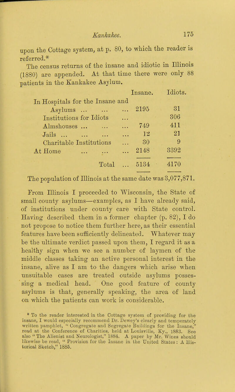 upon the Cottage system^ at p. 80, to which the reader is referred.* The census returns of the insane and idiotic in Illinois (1880) are appended. At that time there were only 88 patients in the Kankakee Asylum. Insane. Idiots. In Hospitals for the Insane and Asylums ... 2195 31 Institutions for Idiots 306 Almshouses ... 749 411 Jails ... 12 21 Charitable Institutions 30 9 At Home ... ... 2148 3392 Total ... 6134 4170 The population of Illinois at the same date was 3,077,871. From niinois I proceeded to Wisconsin, the State of small county asylums—examples, as I have already said, of institutions under county care with State control. Having described them in a former chapter (p. 82), I do not propose to notice them further here, as their essential features have been sufficiently delineated. Whatever may be the ultimate verdict passed upon them, I regard it as a healthy sign when we see a number of laymen of the middle classes taking an active personal interest in the insane, alive as I am to the dangers which arise when unsuitable cases are treated outside asylums posses- sing a medical head. One good feature of county asylums is that, generally speaking, the area of land on which the patients can work is considerable. * To the reader interested in the Cottage system of providing for the insane, I would especially recommend Dr. Dewey's clearly and temperately written pamphlet,  Congregate and Segregate Bnildings for the Insane, read at the Conference of Charities, held at Lonisville, Ky., 1883. See also  The Alienist and Neurologist, 1884. A paper by Mr. VViues should likewise be read,  Provision for the Insane in the United States: A JJis-