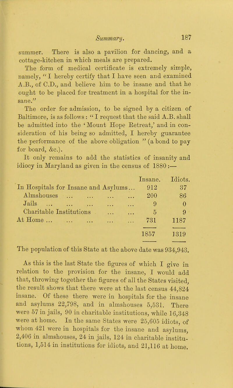 Summary. summer. There is also a pavilion for dancing, and a cottage-kitchen in -which meals are prepared. The form of medical certificate is extremely simple, namely,  I hereby certify that I have seen and examined A.B., of CD., and believe him to be insane and that he ought to be placed for treatment in a hospital for the in- sane. The order for admission, to be signed by a citizen of Baltimore, is as follows :  I request that the said A.B. shall be admitted into the ' Mount Hope Retreat/ and in con- sideration of his being so admitted, I hereby guarantee the performance of the above obligation  (a bond to pay for board, &c.). It only remains to add the statistics of insanity and idiocy in Maryland as given in the census of 1880:— Insane. Idiots. In Hospitals for Insane and Asylums.. 912 37 Almshouses 200 86 Jails 9 0 Charitable Institutions 5 9 At Home ... 731 1187 1857 1319 The population of this State at the above date was 934,943. As this is the last State the figures of which I give in relation to the provision for the insane, I wotdd add that, throwing together the figures of all the States visited, the result shows that there were at the last census 44,824 insane. Of these there were in hospitals for the insane and asylums 22,798, and in almshouses 6,531. There were 57 in jails, 90 in charitable institutions, while 16,348 were at home. In the same States were 25,605 idiots, of whom 421 were in hospitals for the insane and asylums, 2,406 in almshouses, 24 in jails, 124 in charitable institu- tions, 1,514 in institutions for idiots, and 21,116 at home.