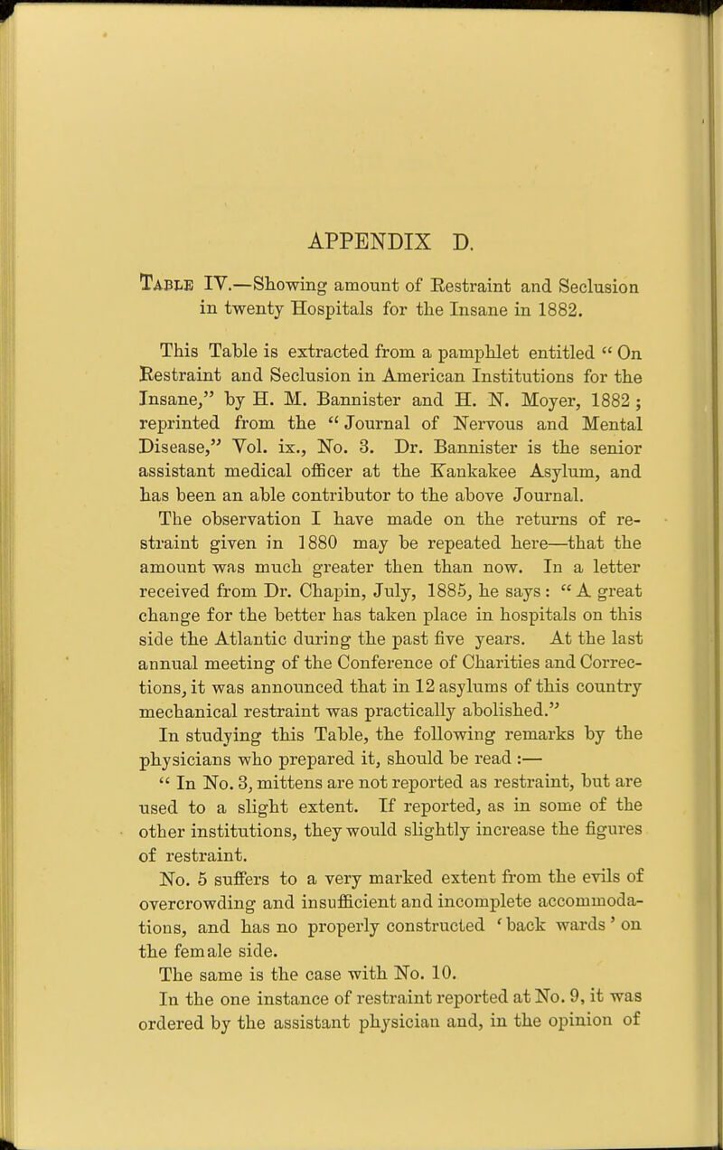 TABiiE IV.—Showing amount of Eestraint and Seclusion in twenty Hospitals for the Insane in 1882. This Table is extracted from a pamphlet entitled  On Eestraint and Seclusion in American Institutions for the Insane/' by H. M. Bannister and H. N. Moyer, 1882 ; reprinted from the  Journal of Nervous and Mental Disease, Vol. ix., No. 3. Dr. Bannister is the senior assistant medical oflBcer at the Kankakee Asylum, and has been an able contributor to the above Journal. The observation I have made on the returns of re- straint given in 1880 may be repeated here—that the amount was much greater then than now. In a letter received from Dr. Chapin, July, 1885, he says :  A great change for the better has taken place in hospitals on this side the Atlantic during the past five years. At the last annual meeting of the Conference of Charities and Correc- tions, it was announced that in 12 asylums of this country mechanical restraint was practically abolished. In studying this Table, the following remarks by the physicians who prepared it, should be read :—  In No. 3, mittens are not reported as restraint, but are used to a slight extent. If reported, as in some of the other institutions, they would slightly increase the figures of restraint. No. 5 sufPers to a very marked extent from the evils of overcrowding and insufficient and incomplete accommoda- tions, and has no properly constructed ' back wards' on the female side. The same is the case with No. 10. In the one instance of restraint reported at No. 9, it was ordered by the assistant physician and, in the opinion of