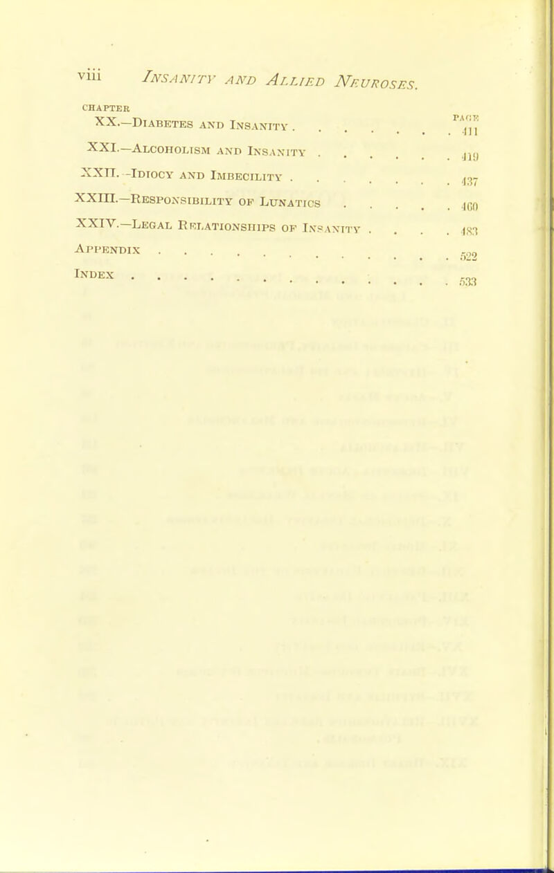 CHAPTER XX.—Diabetes and Insanity . XXI.—Alcoholism and Insanity XXTT. -Idiocy and Imbecility . XXm.— Responsibility of Lunatics XXIV.—Legal Relationships of Insanity Appendix Index .... PAflE III 419 437 m 1S3 522 533