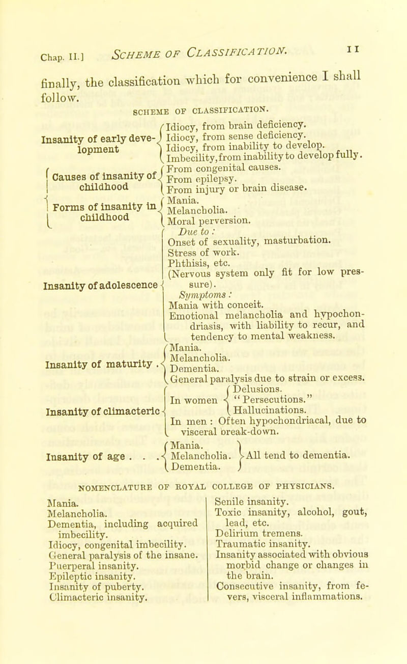 Scheme of Classification. Insanity of early deve- lopment [ Causes of insanity of childhood 1 Forms of insanity in childhood Chap. II.] finally, the classification which for convenience I shall follow. SCHEME OF CLASSIFICATION. Idiocy, from brain deficiency. Idiocy, from sense deficiency. Idiocy, from inability to develop. Imbecility, from inability to develop fully. From congenital causes. From epilepsy. From injury or brain disease. Mania. Melancbolia. Moral perversion. Due to: Onset of sexuality, masturbation. Stress of work. J^litlixsxs ©to (Nervous system only fit for low pres- sure) . Symptoms: Mania with conceit. Emotional melancholia and hypochon- driasis, with liability to recur, and V tendency to mental weakness. / Mania. J Melancholia, j Dementia. (^Generalparalysis due to strain or excess. ( Delusions. In women < Persecutions. ( Hallucinations. In men : Often hypochondriacal, due to visceral break-down. Insanity of adolescence Insanity of maturity Insanity of climacteric Insanity of age ( Mania. Melancholia. I Dementia. All tend to dementia. NOMENCLATURE OF ROYAL COLLEGE OF PHYSICIANS. Mania. Melancholia. Dementia, including acquired imbecility. Idiocy, congenital imbecility. General paralysis of the insane. Puerperal insanity. Epileptic insanity. Insanity of puberty. Climacteric insanity. Senile insanity. Toxic insanity, alcohol, gout, lead, etc. Delirium tremens. Traumatic insanity. Insanity associated with obvious morbid change or changes in the brain. Consecutive insanity, from fe- vers, visceral inflammations.