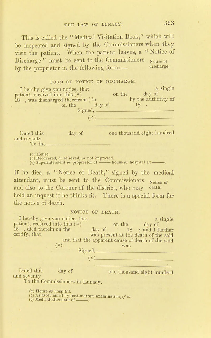 This is called the Medical Visitation Book, which will be inspected and signed by the Commissioners when they visit the patient. When the patient leaves, a  Notice of Discharge  must be sent to the Commissioners N^ti^gof by the proprietor in the following form:— discharge. FORM OF NOTICE OF DISCHAEGE. I hereliy give you notice, that a single patient, received into this («) on the day of 18 , was discharged therefrom (* ) by the authority of ou the day of 18 . Signed, (c) Dated this day of one thousand eight hundred and seventy To the (a) House. (b) Recovered, or relieved, or not improved. (c) Superintendent or proprietor of ■ lioiise or liospital at - If he dies, a Notice of Death, signed by the medical attendant, must be sent to the Commissioners Notice of and also to the Coroner of the district, who may ie^^^- hold an inquest if he thinks fit. There is a special form for the notice of death. NOTICE OF DEATH. I hereby give you notice, that a single patient, received into this (a) on the day of 18 , died therein on the day of 18 ; and I further certify, that was present at the death of the said and that the apparent cause of death of the said (*) was Signed, (-=) . Dated this day of one tiiousand eight hundred and seventy To the Comniissioners in Lunacy. (a) House or hospital. (b) As ascertained Iiy post-mortem examination, if so. (c) Medical attendant of .