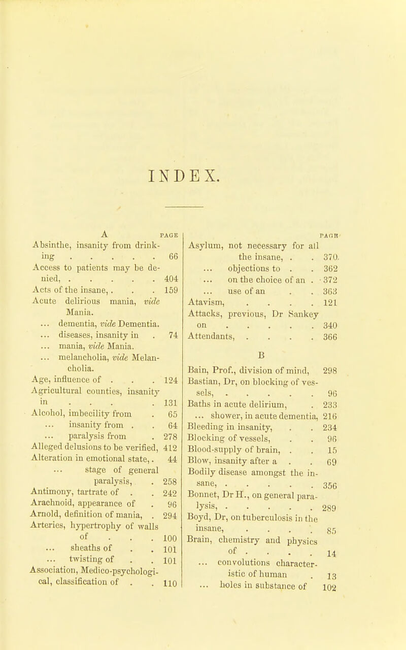 INDEX. A PACE Absinthe, insanity from drinlc- ing 66 Access to patients may be de- nied, 404 Acts of the insane,. . . 159 Acute delirious mania, vide Mania. ... dementia, wc?e Dementia. ... diseases, insanity in . 74 ... mania, vide Mania. ... melaucliolia, vide Melan- cliolia. Age, influence of . . . 124 Agricultural counties, insanity in . . . .131 Alcohol, imbecility from . 65 insanity from . . 64 paralysis from . 278 Alleged delusions to be verified, 412 Alteration in emotional state,. 44 stage of general paralysis, . 258 Antimony, tartrate of . . 242 Arachnoid, appearance of . 96 Arnold, definition of mania, . 294 Arteries, hypertrophy of walls of . . . 100 sheaths of . . lol twisting of . . 101 Association, Medico-psychologi- cal, classification of . . no PAOB Asylum, not necessary for all the insane, . . 37U. objections to . . 362 on the choice of an . 372 use of an . . 363 Atavism, .... 121 Attacks, previous, Dr Sankey on 340 Attendants, .... 866 B Bain, Prof., division of mind, 298 Bastian, Dr, on blocking of ves- sels, 96 Baths in acute delirium, . 233 ... shower, in acute dementia, 216 Bleeding in insanity, . . 234 Blocking of vessels, . . 96 Blood-supply of brain, . . 15 Blow, insanity after a . .69 Bodily disease amongst the m- Bonnet, Dr H., on general para- lysis, 289 Boyd, Dr, on tuberculosis in the insane, . . . .85 Brain, chemistry and physics of . . . .14 ... convolutions character- istic of human . 13 ... holes in substance of 102