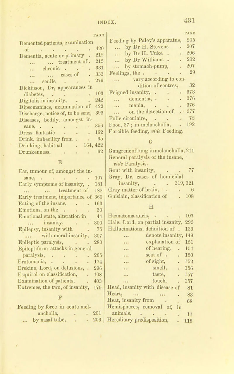 PACK Demented patients, examination of 420 Dementia, acute or primary . 212 ... treatment of. 215 clironic . . • 331 cases of . 333 ... senile . . .279 Dickinson, Dr, appearances in diabetes, .... 103 Digitalis in insanity, . . 242 Dipsomaniacs, examination of 422 Discliarge, notice of, to bo sent, 393 Diseases, bodily, amongst in- sane, 356 Dress, fantastic . . . 162 Drink, imbecility from . . 65 Drinking, habitual . 164, 422 Drunkenness, ... 62 E Ear, tumour of, amongst the in- sane, 107 Early symptoms of insanity, . 181 treatment of 182 Early treatment, importance of 360 Eating of the insane, . . 163 Emotions, on the ... 30 Emotional state, alteration in 44 insanity, . . 300 Epilepsy, insanity with . 75 with moral insanity, 307 Epileptic paralysis, . . 280 Epileptiform attacks in general paralysis, .... 265 Erotomania, . . . .174 Erskine, Lord, on delusions, . 296 Esquirol on classification, . 108 Examination of patients, . 403 Extremes, the two, of insanity, 179 F Feeding by force iu acute mel- ancholia, . . 201 ... by nasal tube, . . 206 PAOE Feeding by Paley's apparatus, 205 ... by Dr H. Stevens . 207 ... by Dr H. Tuke . . 206 ... by Dr Williams . . 202 ... by stomach-pump, . 207 Feelings, the .... 29 vary according to con- dition of centres, 32 Feigned insanity, . . . 373 dementia, . . . 376 mania, . . . 376 on the detection of . 377 Folic circulaire, . . .72 Food, 37 ; in melancholia, . 192 Forcible feeding, vide Feeding. G Gangreneof Inng in melancholia, 211 General paralysis of the insane. vide Paralysis. Gout with insanity. 77 Gray, Dr, cases of homicidal insanity, . . 319 321 Gray matter of brain. 6 Guislain, classification of 108 H Hematoma auris, . 107 Hale, Lord, on partial insanity, 295 Hallucinations, definition of . 139 denote insanity, 149 explanation of 151 of hearing, 154 seat of . 150 of sight. 152 smell. 156 taste, 157 touch, 157 Head, insanity with disease of 81 Heart, 83 Heat, insanity from 68 Hemispheres, removal of, in animals, .... 11 Hereditary predisposition. 118 /