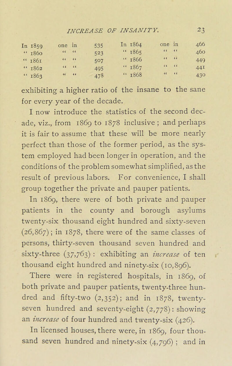 In 1S59 one in 535 In 1864 one in 466 “ i860 “ “ 523 “ 1865 “ “ 460 “ 1861 “ “ cn O “ 1866 “ “ 449 “ 1862 “ “ 495 “ 1867 “ “ 44i “ 1863 “ “ 478 “ 1868 “ “ 430 exhibiting a higher ratio of the insane to the sane for every year of the decade. I now introduce the statistics of the second dec- ade, viz., from 1869 to 1878 inclusive ; and perhaps it is fair to assume that these will be more nearly perfect than those of the former period, as the sys- tem employed had been longer in operation, and the conditions of the problem somewhat simplified, as the result of previous labors. For convenience, I shall group together the private and pauper patients. In 1869, there were of both private and pauper patients in the county and borough asylums twenty-six thousand eight hundred and sixty-seven (26,867); in 1878, there were of the same classes of persons, thirty-seven thousand seven hundred and sixty-three (37,763) : exhibiting an increase of ten thousand eight hundred and ninety-six (10,896). There were in registered hospitals, in 1869, of both private and pauper patients, twenty-three hun- dred and fifty-two (2,352); and in 1878, twenty- seven hundred and seventy-eight (2,778): showing an increase of four hundred and twenty-six (426). In licensed houses, there were, in 1869, four thou- sand seven hundred and ninety-six (4,796) ; and in