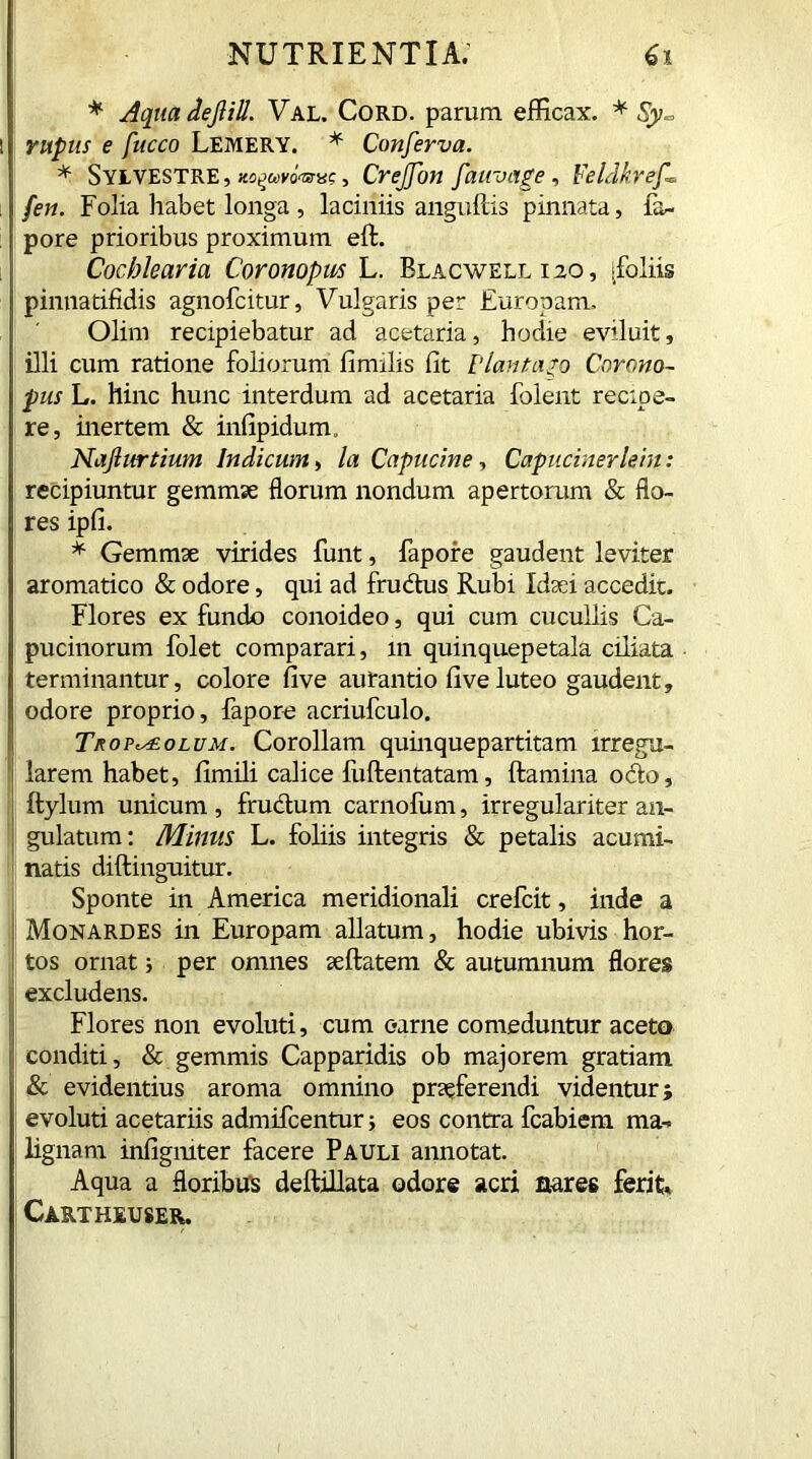 * Aqua dejlill. Val. Cord, parum efficax. * Sy*> rupus e fucco LEMERY. * Conferva. * SYLVESTRE, ko^uvo^hc , Creffon fauvage, Feldkref» fen. Folia habet longa , laciniis anguftis pinnata, fa- pore prioribus proximum eft. Cochlearia Coronopus L. Blacwell i 20, [foliis pinnatifidis agnofcitur, Vulgaris per Europam. Olim recipiebatur ad acetaria, hodie eviluit, illi cum ratione foliorum fimilis fit Plantaro Corono- pus L. hinc hunc interdum ad acetaria folent recipe- re, inertem & infipidum. Najhtrtium Indicum, la Capucine, Capucinerlein: recipiuntur gemmae florum nondum apertorum & flo- res ipfi. * Gemmae virides funt, fapore gaudent leviter aromatico & odore, qui ad frudus Rubi Idaei accedit. Flores ex fundo conoideo, qui cum cucullis Ca- pucinorum folet comparari, 111 quinquepetala ciliata terminantur, colore five aurantio five luteo gaudent, odore proprio, fapore acriufculo. Trop^eolum. Corollam quinquepartitam irregu- larem habet, fimili calice fiiftentatam, ftamina octo, ftylum unicum , frudum carnofum, irregulariter an- gulatum: Minus L. foliis integris & petalis acumi- natis diftinguitur. Sponte in America meridionali crefcit, inde a Monardes in Europam allatum, hodie ubivis hor- tos ornat; per omnes seftatem & autumnum flores excludens. Flores non evoluti, cum carne comeduntur aceto conditi, & gemmis Capparidis ob majorem gratiam & evidentius aroma omnino proferendi videntur; evoluti acetariis admifcentur j eos contra fcabiem ma- lignam infigmter facere Pauli annotat. Aqua a floribus deftillata odore acri flares ferit Cartheuser.