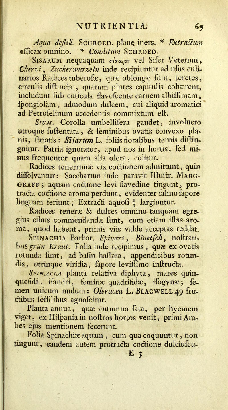 Aqua dejlill. Schroed. plane iners. * Extraftun? efficax omnino. * Conditum Schroed. Sisarum nequaquam <rla-a,^ov vel Sifer Veterum, Chervi, Ztickerwurzeln inde recipiuntur ad ufus culi- narios Radices tub erofie, quae oblongae funt, teretes, circulis diftindae, quarum plures capitulis cohaerent, includunt fub cuticula flavefcente carnem albiffimam, Ipongiofam, admodum dulcem, cui aliquid aromatici ad Petrofelinum accedentis commixtum eft. Sium. Corolla umbellifera gaudet, involucro utroque fuftentata, & feminibus ovatis convexo pia* nis, ftriatis : Si (arum L. foliis floralibus ternis diftin- guitur. Patria ignoratur, apud nos in hortis, fed mi- nus frequenter quam alia olera, colitur. Radices tenerrimae vix codionem admittunt, quin diifolvantur: Saccharum inde paravit Illuftr. Marg- GRAFF> aquam codione levi flavedine tingunt, pro- trada codione aroma perdunt, evidenter falino fapore linguam feriunt, Extradi a quo fi ± largiuntur. Radices tenerae & dulces omnino tanquam egre- gius cibus commendandae funt, cum etiam iftas aro- ma , quod habent, primis viis valde acceptas reddat. Spinachia Barbar. Epinars, Binetfch, noftrati- bus griin Kraut. Folia inde recipimus , qUae ex ovatis rotunda funt, ad bafin haftata, appendicibus rotun- dis , utrinque viridia, fapore leviffimo inftruda. SpiN^iciM planta relativa diphyta, mares quin- quefidi, ifandri, feminae quadrifidae, ifogynae; fe- men unicum nudum: Oleracea L. Blacwell 49 fru- dibus ieflilibus agnofcitur. Planta annua, quae autumno fata, per hyemem viget, ex Hifpania in noftros hortos venit, primi Ara- bes ejus mentionem fecerunt. Folia Spinachiae aquam , cum qua coquuntur, non tingunt, eandem autem protrada codione dulciufcu-