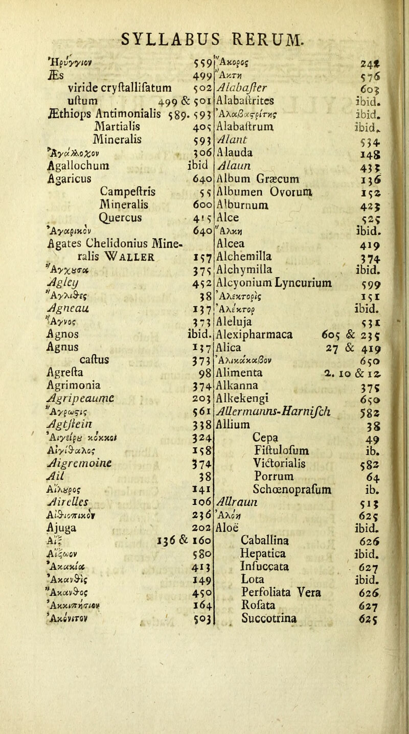 'Hfvyyiov s 5 9 JEs 499 viride cryftallifatum s°2 uftum 499 & soi JEthiops Antimonialis s89* S93 Martialis 40 s Mineralis S9 3 *Ayol&o%ov 3°b Agallochum ibid Agaricus 640 Campeftris s s Mineralis 600 Quercus 4«9 *Ayccpixov 640 Agates Chelidonius Mine- ralis Waller is7 A yxwrx 3 7 S Jgley 4S2 A >x<9-£f 3 8 Agne au. 13 7 ’■Ayvos 373 Agnos ibid. Agnus 137 caftus 373 Agrefta 98 Agrimonia 374 Agripeaumc 203 ’'Aypcvsiq 561 Agtjlein' 338 ’Aiyzi$8 noxjeoi 324 A lytS-othof IS8 Aigrernoine 374 Aii 38 AlXsjOf I4I Air dies 10 6 AiSionixoi 236 Ajuga 202 Ai- 136 & 160 Ais^ev S80 *A xctxioc 413 ’AxavSif I49 MAx<xv-9-o; 4SO ’Ajou7r>j<n#t> 164 ’AxeWoy S°3 ’'Axopoq 24* ”A v.tyi $7 6 Alabajler 603 Alabaiirites ibid. AKxBocq-pTvq ibid. Alabaiirum ibid. Alant S34 Alauda 148 Alaun 43? Album Graecum 136 Albumen Ovorum, IS» Alburnum 42? Alce ,S2? ’'AXy.il ibid. Alcea 419 Alchemilla .374 Alchymilla ibid. Alcyonium Lyncurium S 99 ’AXfJcrocij .I?t ' A>Jktoo ibid. Aleluja S3* Alexipharmaca 60s & 23s Alica 27 & 419 ’ AhmccuoiBov 650 Alimenta a. IO & 12- Alkanna 37? Alkekengi 6so Allermunns-Harnifdi 582 Allium 38 Cepa 49 Fiftulofum ib. Vidorialis 582 Porrum 64 Schoenoprafum ib. AUraun Si 5 ’A ’hOY) 62? Aloe ibid. Caballina 626 Hepatica ibid. Infuccata 627 Lota ibid. Perfoliata Vera 626 Rofata 627 Succotrina 625