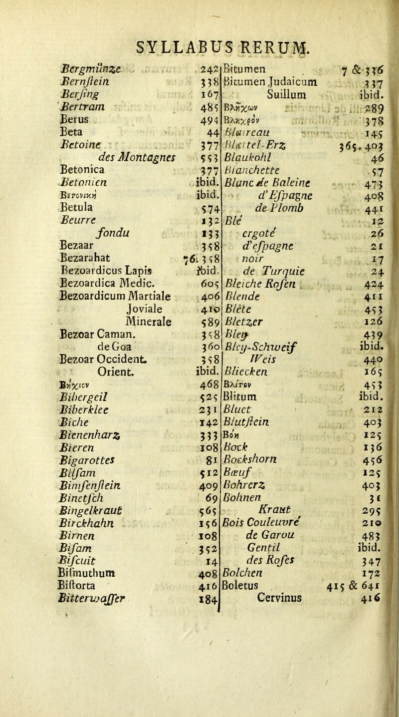 Bcrgmunzc 242 Bitumen 7 & 336 Bernjlein 338 Bitumen Judaicum 3 37 Berjing 167 Suillum ibid. Bertram 48s . 289 Eerus 494 BXnjtfov 378 Beta 44 Biaueau 145 Betoine 377 Blattei-Er z 3<5$. 4°3 des Montagues 543 BLaukohl 46 Betonica 377 Blanchette 57 Betonien ibid. Blanc de Baleine 473 Ber ibid. d’ Efpagne 4° 8 Betula 574 deBlomb 441 Beurre 132 Ble 12 fondu *33 ergote 26 Bezaar 358 d'efpagne 21 Bezarahat 76.3 58 noir *7 Bezoardicus Lapis fbid. de Turquie 24 Bezoarclica Medie. 60? Bleiche Rofen 424 Bezoardicum Martiale 406 Blende 4II Joviale 410 Blete 453 Minerale 589 Bletzer 126 Bezoar Caman. 358 Bleij- 439 deGoa j 60 Blcy-Sclvweif ibid. Bezoar Occident. 358 IVeis 440 Orient. ibid. Bliecken 165 468 BXiVsv 45 3 Bibtrgeil 525 Blitum ibid. Biberklee 231 Bluet 212 Biche 142 Blutftein 403 Bienenharz 333 Bott * 2 5 Bieren 108 Bock 136 Bigarottes 8i Bockshorn 45 6 BiLfam 5*2 Bceuf 12? Bimfenjlein 4°9 Bohrerz 403 Binetfch 69 Bo linen 31 Bingelkraut 565 Kraut 295 Birckhahn *56 Bois Couleuvre 210 Birnen 108 de Garou 483 Bifam 352 Gentil ibid. Bifcuit 14 des Rojes 347 Bifmuthum 408 Bolchen 172 Biftorta 416 Boletus 41? & 641 BittervjaJJer *84 Cervinus 416