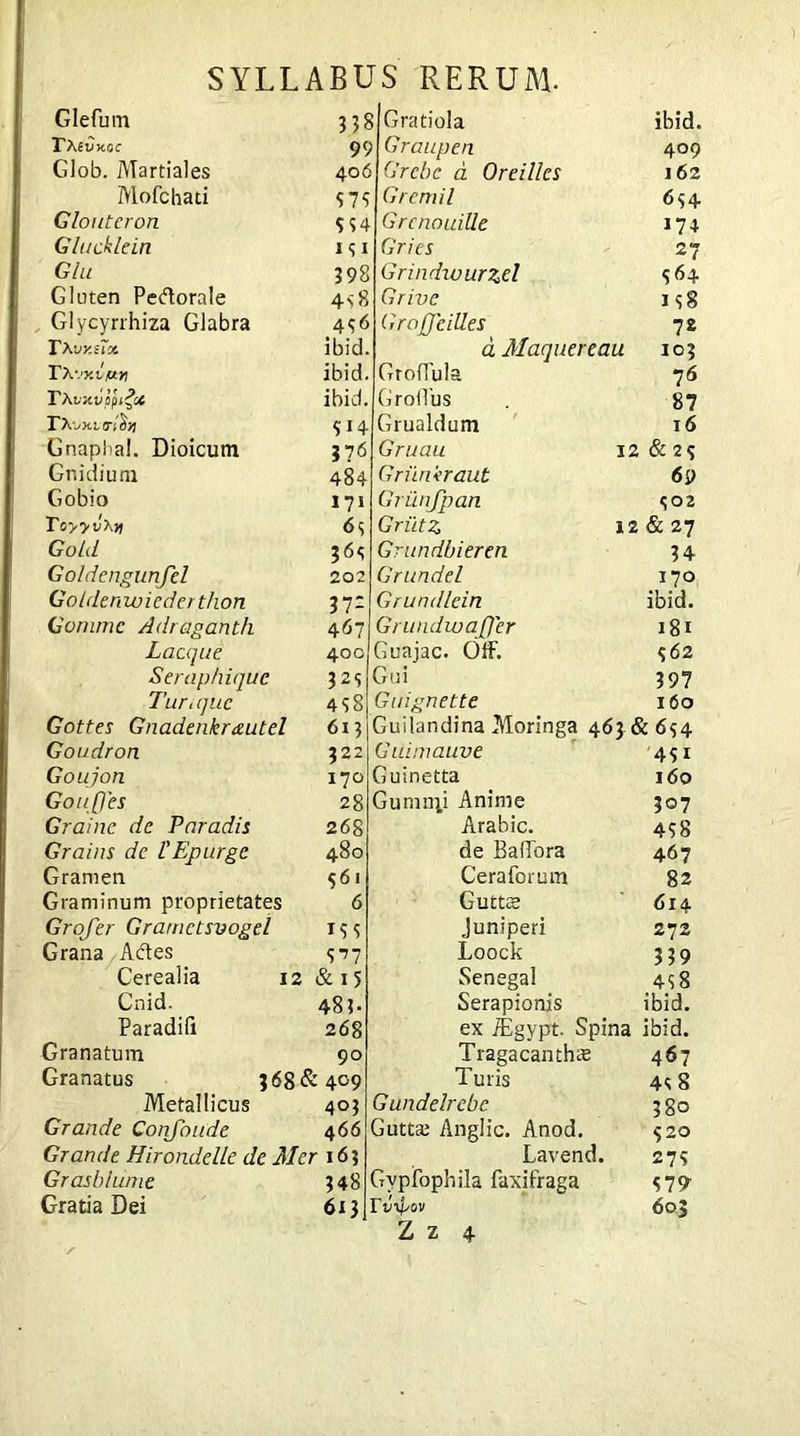 Glefum 33* Gratiola ibid. rxsincoc 99 Graupen Grebe d Oreillcs 409 Glob. Martiales 406 162 Mofchati 979 Gremii 694 Glouteron 934 Grcnouille 174 Gluckleln 191 Gries 27 Glu 398 Grindrourzel 364 Gluten Pedorale 49 8 Grive 198 Glycyrrhiza Glabra 496 Gr off cilles ?£ TXvy.slx ibid. aMaquereau 103 TXvy.i/otv ibid. GrofTula 76 T\vx.vppi£ct ibid. G rollus 87 VhwHttridyi 914 Grualdum 16 Gnaphal. Dioicum 376 Gruau 12 & 29 Gn i di uni 484 Griinkraut 69 Gobio 171 Griinfpan 902 ToyyvXii 69 Griitz 12 & 27 Gold 369 Grundbieren 34 Goldengunfcl 202 Grundel 170 Golden w i edet thon 37= Grundlcin ibid. Gornmc Adraganth 467 GrundwaJJer 181 Lacque 400 Guajac. Off. 362 Seraphique 32S Gui 397 Turi que 438 Guignette 160 Gottes Gnaden/erautel 613 Guilandina Moringa 463 & 654 Goudron 322 Guimauve 431 Goujon 170 Guinetta 160 Goufjes 28 Gumnii Anime 307 Grainc de Paradis 268 Arabie. 438 Grains de 1'Epurge 480 de BafTora 467 Gramen 561 Ceraforum 82 Graminum proprietates 6 Guttae 614 Grofer Gramctsvogel 133 Juniperi 272 Grana Ades 3->7 Loock 339 Cerealia 12 & 15 Senegal 498 Cnid. 48 3- Serapionis ibid. Paradifi 268 ex iEgypt. Spina ibid. Granatum 90 Tragacanthae 467 Granatus 368 & 409 Turis 49 8 Metallicus 403 Gundelrcbe 38° Grande Confoude 4 66 Guttae Anglic. Anod. 520 Grande Hirondelle de Mer 163 Lavend. 273 Grasblume 348 Gypfophila faxifraga 379 Gratia Dei 613 603