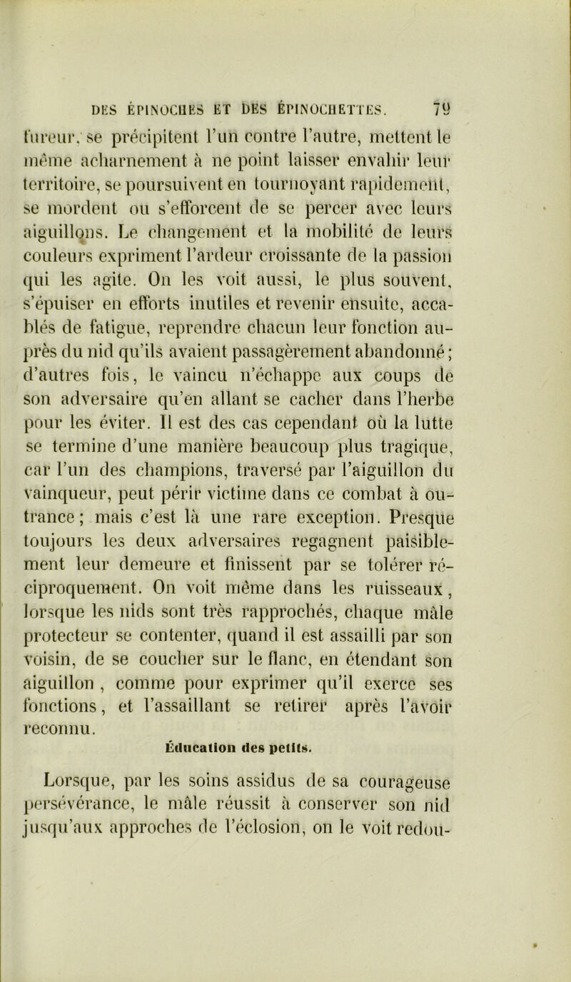 tureur. se précipitent l’un contre l’autre, mettent le meme acharnement à ne point laisser envahi)' leur territoire, se poursuivent en tournoyant rapidement, se mordent ou s’efforcent de se percer avec leurs aiguillons. Le changement et la mobilité de leurs couleurs expriment l’ardeur croissante de la passion qui les agite. On les voit aussi, le plus souvent, s’épuiser en efforts inutiles et revenir ensuite, acca- blés de fatigue, reprendre chacun leur fonction au- près du nid qu’ils avaient passagèrement abandonné; d’autres fois, le vaincu n’échappe aux coups de son adversaire qu’en allant se cacher dans l’herbe pour les éviter. Il est des cas cependant où la lutte se termine d’une manière beaucoup plus tragique, car l’un des champions, traversé par l’aiguillon du vainqueur, peut périr victime dans ce combat à ou- trance ; mais c’est là une rare exception. Presque toujours les deux adversaires regagnent paisible- ment leur demeure et finissent par se tolérer ré- ciproquement. On voit même dans les ruisseaux, lorsque les nids sont très rapprochés, chaque mâle protecteur se contenter, quand il est assailli par son voisin, de se coucher sur le flanc, en étendant son aiguillon , comme pour exprimer qu’il exerce ses fonctions, et l’assaillant se retirer après l’avoir reconnu. Éducation des petits. Lorsque, par les soins assidus de sa courageuse persévérance, le mâle réussit à conserver son nid jusqu’aux approches de l’éclosion, on le voitredou-