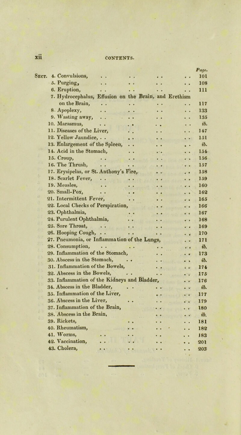 4. Convulsions, Page. 101 5. Purging, 108 6. Eruption, 111 7. Hydrocephalus, Effusion on the Brain, on the Brain, and Erethism 117 8. Apoplexy, 133 9. Wasting away, . . . . 135 10. Marasmus, . . . . ib. 11. Diseases of the Liver, . . 147 12. Yellow Jaundice, . . . . 151 13. Enlargement of the Spleen, . . ib. 14. Acid in the Stomach, . . 154 15. Croup, 156 16. The Thrush, 157 17. Erysipelas, or St. Anthony’s Fire, 158 18. Scarlet Fever, 159 19. Measles, 160 20. Small-Pox, . . . . 162 21. Intermittent Fever, . . 165 22. Local Checks of Perspiration, 166 23. Ophthalmia, . . 167 24. Purulent Ophthalmia, . . 168 25. Sore Throat, 169 26. Hooping Cough, . . 170 27. Pneumonia, or Inflammation of the Lungs, 171 28. Consumption, ib. 29. Inflammation of the Stomach, 173 30. Abscess in the Stomach, . . ib. 31. Inflammation of the Bowels, 174 32. Abscess in the Bowels, . . 175 33. Inflammation of the Kidneys and Bladder, 176 34. Abscess in the Bladder, . . ib. 35. Inflammation of the Liver, 177 36. Abscess in the Liver, . . 179 37. Inflammation of the Brain, 180 38. Abscess in the Brain, ib. 39. Rickets, . . 181 40. Rheumatism, . . 9 182 41. Worms, J 83 42. Vaccination, 201 43. Cholera, 203