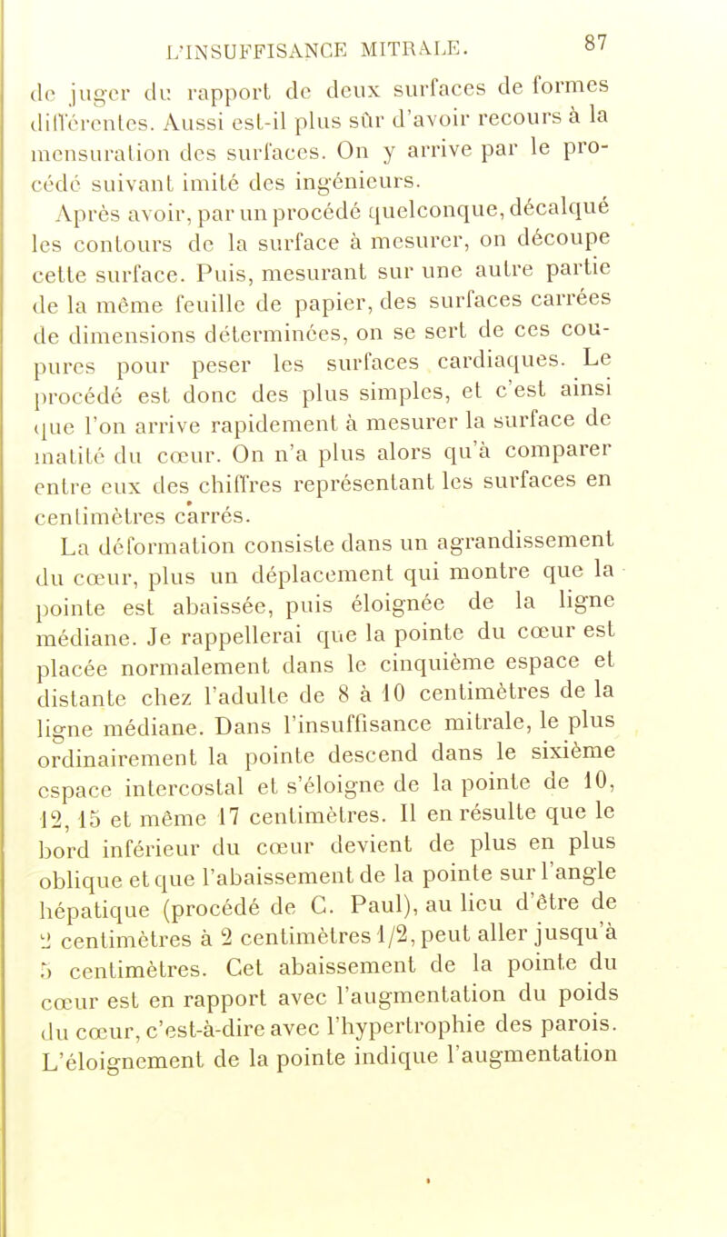 do juger du rapport de deux surfaces de formes difl'érenles. Aussi esL-il plus sûr d'avoir recours à la mensuration des surfaces. On y arrive par le pro- cédé suivant imité des ingénieurs. Après avoir, par un procédé quelconque, décalqué les contours de la surface à mesurer, on découpe cette surface. Puis, mesurant sur une autre partie de la même feuille de papier, des surfaces carrées de dimensions déterminées, on se sert de ces cou- pures pour peser les surfaces cardiaques. Le procédé est donc des plus simples, et c'est amsi (jue l'on arrive rapidement à mesurer la surface de malité du cœur. On n'a plus alors qu'à comparer entre eux des chiffres représentant les surfaces en * centimètres carrés. La déformation consiste dans un agrandissement du cœur, plus un déplacement qui montre que la pointe est abaissée, puis éloignée de la ligne médiane. Je rappellerai que la pointe du cœur est placée normalement dans le cinquième espace et distante chez l'adulte de 8 à 10 centimètres de la ligne médiane. Dans l'insuffisance mitrale, le plus ordinairement la pointe descend dans le sixième espace intercostal et s'éloigne de la pointe de 10, 12,15 et même 17 centimètres. Il en résulte que le bord inférieur du cœur devient de plus en plus oblique et que l'abaissement de la pointe sur l'angle hépatique (procédé de C. Paul), au lieu d'être de centimètres à 2 centimètres 1/2, peut aller jusqu'à 5 centimètres. Cet abaissement de la pointe du cœur est en rapport avec l'augmentation du poids du cœur, c'est-à-dire avec l'hypertrophie des parois. L'éloignement de la pointe indique l'augmentation