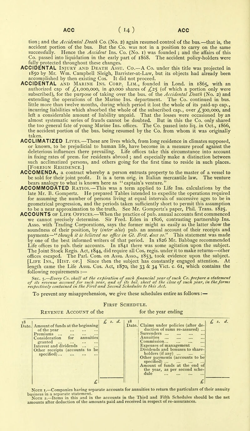 tion ; and the Accidental Death Co. (No. 2) again resumed control of the bus.—that is, the accident portion of the bus. But the Co. was not in a position to carry on the same successfully. Hence the Accident Ins. Co. (No. i) was founded ; and the affairs of this Co. passed into liquidation in the early part of 1868. The accident policy-holders were fully protected throughout these changes. ACCIDENTAL Injury and Death Assu. Co.—A Co. under this title was projected in 1850 by Mr. Wm. Campbell Sleigh, Barrister-at-Law, but its objects had already been accomplished by then existing Cos. It did not proceed. ACCIDENTAL and Marine Ins. Corp. Lim., founded in Lond. in 1865, with an authorized cap of 000,000, in 40,006 shares of £2^ (of which a portion only were subscribed), for the purpose of taking over the bus. of the Accidental Death (No. 2) and extending the operations of the Marine Ins. department. The Co. continued in bus. little more than twelve months, during which period it lost the whole of its paid-up cap., incurring liabilities which absorbed the whole of the subscribed cap., over ;^3oo,ooo, and left a considerable amount of liability unpaid. Tliat the losses were occasioned by an almost systematic series of frauds cannot be doubted. But in this the Co. only shared the too general fate of young Marine Ins. offices. The Co. passed into liq. in Oct., 1866, the accident portion of the bus. being resumed by the Co. from whom it was originally taken. ACCLIMATIZED Lives.—These are lives which, from long residence in climates supposed, or known, to be prejudicial to human life, have become in a measure proof against the deleterious influences there prevailing. Life offices take this circumstance into account in fixing rates of prem. for residents abroad ; and especially make a distinction between such acclimatized persons, and others going for the first time to reside in such places. [Foreign Residence.] ACCOMENDA, a contract whereby a person entrusts property to the master of a vessel to be sold for their joint profit. It is a term orig. in Italian mercantile law. The venture bears analogy to what is known here as captain's venture. ACCOMMODATED Ratios.—This was a term applied to Life Ins. calculations by the late Mr. B. Gompertz. He prepared Tables intended to expedite the operations required for assuming the number of persons living at equal intervals of successive ages to be in geometrical progression, and the periods taken sufficiently short to permit this assumption to be a near approximation to the truth. See Mr. Gompertz's paper, Phil. Trans. 1825. ACCOUNTS OF Life Offices.—When the practice of pub. annual accounts first commenced we cannot precisely determine. Sir Fred. Eden in 1806, contrasting partnership Ins. Asso. with Trading Corporations, says the former might as easily as the latter show the soundness of their position, by [inter alia) pub. an annual account of their receipts and payments —is believed no office in Gi. Brit, does so. This statement was made by one of the best informed writers of that period. In 1826 Mr. Babbage recommended Life offices to pub. their accounts. In 1841 there was some agitation upon the subject. The Joint Stock Regis. Act, 1844, did require all Cos. regis, under it to make returns—other offices escaped. The Pari. Com. on Assu. Asso., 1853, took evidence upon the subject. [Life Ins., Hist, of.] Since then the subject has constantly engaged attention. At length came the Life Assu. Cos. Act, 1870, the 33 & 34 Vict. c. 61, which contains the following requirements :—- Sec. 5.—Every Co. shall at the expiration of each financial year of such Co. prepare a statement of its revenue account for such year, and of its bal. sheet at the close of such year, in the forms respectively contained in the First and Second Schedules to this Act. To prevent any misapprehension, we give these schedules entire as follows :— First Schedule. Revenue Account of the for the year ending Amount of funds at the beginning of the year Premiums ... ^ ... Consideration for annuities granted Interest and dividends Other receipts (accounts to be specified) Date. Claims under policies (after de duction of sums re-assured) .. Surrenders Annuities Commission... Expenses of management Dividends and bonuses to share^ holders (if anj') Other pajTnents (accounts to be specified) ... Amount of funds at the end of the year, as per second sche- dule £ s. d. Note i.—Companies having separate accounts for annuities to return the particulars of their annuity business in a separate statement. Note 2.—Items in this and in the accounts in the Third and Fifth Schedules should be the net amounts after deduction of the amounts paid and received in respect of re-assurances.