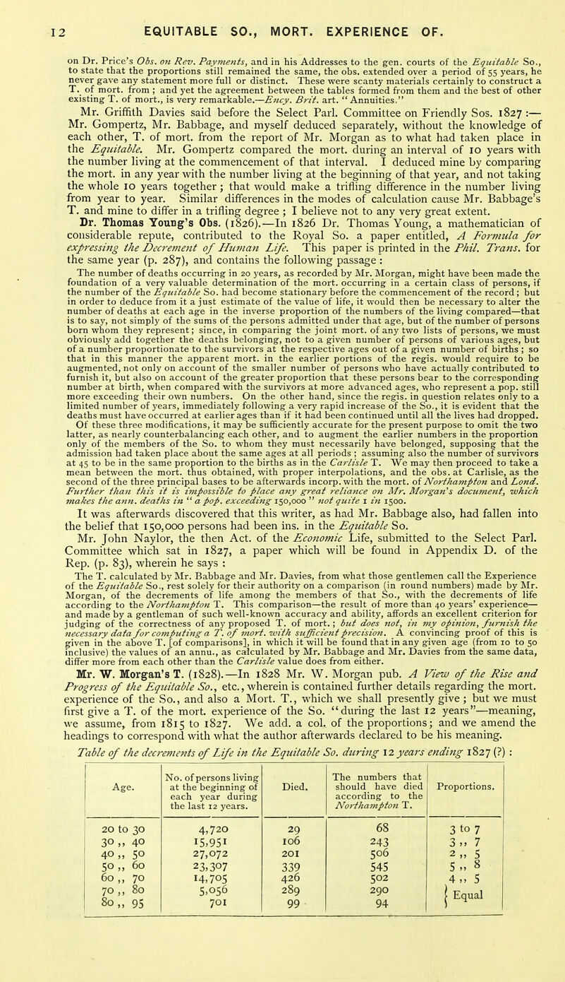 on Dr. Price's Obs. on Rev. Payrnenis, and in his Addresses to the gen. courts of the Equitable So., to state that the proportions still remained the same, the obs. e.\tended over a period of 55 years, he never gave any statement more full or distinct. These were scanty materials certainly to construct a T. of mort. from ; and yet the agreement between the tables formed from them and the best of other existing T. of mort., is very remarkable.—Ency. Brit. art. Annuities. Mr. Griffith Davies said before the Select Pari. Committee on Friendly Sos. 1827 :— Mr. Gompertz, Mr. Babbage, and myself deduced separately, without the knowledge of each other, T. of mort. from the report of Mr. Morgan as to what had taken place in the Equitable. Mr. Gompertz compared the mort. during an interval of 10 years with the number living at the commencement of that interval. I deduced mine by comparing the mort. in any year with the number living at the beginning of that year, and not taking the whole 10 years together; that would make a trifling difference in the number living from year to year. Similar differences in the modes of calculation cause Mr. Babbage's T. and mine to differ in a trifling degree ; I believe not to any very great extent. Dr. Thomas Young's Obs. (1826).—In 1826 Dr. Thomas Young, a mathematician of considerable repute, contributed to the Royal So. a paper entitled, A Formula for expressing the Decrement of Human Life. This paper is printed in the Phil. Trans, for the same year (p. 287), and contains the following passage : The number of deaths occurring in 20 years, as recorded by Mr. Morgan, might have been made the foundation of a very valuable determination of the mort. occurring in a certain class of persons, if the number of the Equitable So. had become stationary before the commencement of the record ; but in order to deduce from it a just estimate of the value of life, it would then be necessary to alter the number of deaths at each age in the inverse proportion of the numbers of the living compared—that is to say, not simply of the sums of the persons admitted under that age, but of the number of persons born whom they represent; since, in comparing the joint mort. of any two lists of persons, we must obviously add together the deaths belonging, not to a given number of persons of various ages, but of a number proportionate to the survivors at the respective ages out of a given number of births ; so that in this manner the apparent mort. in the earlier portions of the regis, would require to be augmented, not only on account of the smaller number of persons who have actually contributed to furnish it, but also on account of the greater proportion that these persons bear to the corresponding number at birth, when compared with the survivors at more advanced ages, who represent a pop. still more exceeding their own numbers. On the other hand, since the regis, in question relates only to a limited number of years, immediately following a very rapid increase of the So., it is evident that the deaths must have occurred at earlier ages than if it had been continued until all the lives had dropped. Of these three modifications, it may be sufficiently accurate for the present purpose to omit the two latter, as nearly counterbalancing each other, and to augment the earlier numbers in the proportion only of the members of the So. to whom they must necessarily have belonged, supposing that the admission had taken place about the same ages at all periods ; assuming also the number of survivors at 45 to be in the same proportion to the births as in the Carlisle T. We may then proceed to take a mean between the mort. thus obtained, with proper interpolations, and the obs. at Carlisle, as the second of the three principal bases to be afterwards incorp. with the mort. of Northampton and Land. Further than this it is impossible to place any great reliance on Mr, Alorgan^s docit7nent, which makes the ann. deat/ts in  a pop. exceedi7ig 150,000  not quite i in 1500. It was afterwards discovered that this writer, as had Mr. Babbage also, had fallen into the belief that 150,000 persons had been ins. in the Equitable So. Mr. John Naylor, the then Act. of the Economic Life, submitted to the Select Pari. Committee which sat in 1827, a paper which will be found in Appendix D. of the Rep. (p. 83), wherein he says : The T. calculated by Mr. Babbage and Mr. Davies, from what those gentlemen call the Experience of the Equitable So,, rest solely for their authority on a comparison (in round numbers) made by Mr. Morgan, of the decrements of life among the members of that So., with the decrements of life according to the Northampton T. This comparison—the result of more than 40 5^ears' experience— and made by a gentleman of such well-known accuracy and ability, affords an excellent criterion for judging of the correctness of any proposed T. of mort. ; but does not, in tny opinion, furnish the necessary data for computing a T. of mort. 'with sufficient precision. A convincing proof of this is given in the above T. [of comparisons], in which it will be found that in any given age (from 10 to 50 inclusive) the values of an annu., as calculated by Mr. Babbage and Mr. Davies from the same data, differ more from each other than the Carlisle value does from either. Mr. W. Morgan's T. (1828).—In 1828 Mr. W. Morgan pub. A View of the Rise and Progress of the Equitable So., etc., wherein is contained further details regarding the mort. experience of the So., and also a Mort. T., which we shall presently give ; but we must first give a T. of the mort. experience of the So. during the last 12 years—meaning, we assume, from 1815 to 1827. We add. a col. of the proportions; and we amend the headings to correspond with what the author afterwards declared to be his meaning. Table of the decrements of Life in the Eqtiitable So. during \2, years ending 1827 (?) : No. of persons living The numbers that Age. at the beginning of Died. should have died Proportions. each year during the last 12 years. according to No'thampton the T. 20 to 30 4,720 29 68 3 to 7 30.. 40 15.951 106 243 3 7 40,, SO 27,072 201 506 2 „ 5 SO,, 60 23.307 339 545 5 „ 8 60 „ 70 14,705 426 502 4., 5 70,, 80 5,056 289 290 1 Equal 80 „ 9S 701 99 94