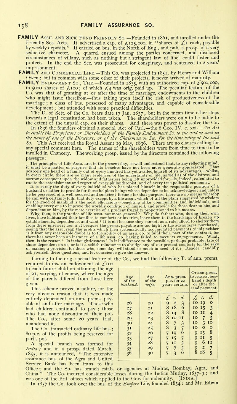 I 158 FAMILY ASSURANCE SO. FAMILY Assu. and Sick Fund Friendly So.—Founded in 1861, and inrolled under the Friendly Sos. Acts. It advertised a cap. of ;i^'i25,ooo, in sliares of each, payable by weekly deposits. It carried on bus. in the North of Eng., and pub. a prosp. of a very seductive character. A quarrel ensued among the parties concerned, and disclosed circumstances of villany, such as nothing but a stringent law of libel could foster and protect. In the end the Sec. was prosecuted for conspiracy, and sentenced to 2 years' imprisonment. FAMILY and Commercial Life.—This Co. was projected in 1851, by Henry and William Owen; but in common with some other of their projects, it never arrived at maturity. FAMILY Endowment So., The.—Founded in 1835, with an authorized cap. of ^{^500,000, in 5000 shares of .j^'ioo; of which was orig. paid up. The peculiar feature of the Co. was that of granting at or after the time of marriage, endowments to the children who might issue therefrom—thus taking upon itself the risk of productiveness of the marriage ; a class of bus. possessed of many advantages, and capable of considerable development; but attended with some practical difficulties. The D. of Sett, of the Co. bears date 17 Jan. 1837; but in the mean time other steps towards a legal constitution had been taken. The shareholders were only to be liable to the extent of the unpaid cap. on their shares. And there was power to dissolve the Co. In 1836 the founders obtained a special Act of Pari.—the 6 Geo. IV. c. xxi.—An Act to enable the Proprietors or Shareholders of the Family Endowment So. to sue and be sued in the name of one of the Directors, or of the Chairman or Sec. for the time being of the said So. This Act received the Royal Assent 19 May, 1836. There are no clauses calling for any special comment here. The names of the shareholders were from time to time to be inrolled in Chancery. The working prosp. issued by the directors contained the following passages : The principles of Life Assu. are, in the present day, so well understood that, to any reflecting mind, it must be a matter of surprise that its benefits have not been more generally appreciated. That scarcely one head of a family out of every hundred has yet availed himself of its advantages,—whilst, in every circle, there are so many evidences of the uncertainty of life, as well as of the distress and sorrow consequent upon the widow and fatherless being left unprovided for,—is, indeed, calculated to excite the astonishment and regret of every philanthropist, and of every true political economist. It is surely the duty of every individual who has placed himself in the responsible position of a husband or father to provide for those helpless beings whose dependence he acknowledges; and unless he be possessed of a well secured and sufficient fortune for that purpose, there are no means whereby he can with certainty fulfil that duty except by a life assu., which of all the plans suggested by wisdom for the good of mankind is the most efficacious—benefiting alike communities and individuals, and enabling every one to improve the worldly condition of himself, and provide for those dear to him and dependent on him, by the mere exercise of a prudent frugality proportioned to his means. Why, then, is the practice of life assu. not more general ? Why do fathers who, durin» their own lives, have habituated their families to comforts or luxuries, leave them to the hardships of broken up establishments, dependence, and want ? It is not because they cannot, as a rule, afford to shelter them from these miseries ; nor is it because the prems. payable are too high for the advantages purchased, seeing that the assu. reap the profits which their systematically accumulated payments yield; neither is it from any reasonable doubt as to the ability of an assu. co. to fulfil their part of the contract, for there has never been an instance of a life assu. co. having failed to meet its engagements. What, then, is the reason ? Is it thoughtlessness ? Is it indifference to the possible, perhaps probable, fate of those dependent on us, or is it a selfish reluctance to abridge any of our present comforts for the sake of making a provision for those who, some day, will stand so much in need of it ? Reader, candidly ask yourself these questions, and let conscience give the answer. Turning to the orig. special feature of the Co., we find the following T. of ann. prems. required to ins. an endowment of £100 to each future child on attaining the age of 21, varying, of course, where the ages of the parents differed from those here given. This scheme proved a failure, for the very obvious reason that it was made entirely dependent on ann. prems. pay- able at and after marriage. Those who had children continued to pay ; those who had none discontinued their pol. The Co., after some 20 years' trial, abandoned it. The Co. transacted ordinary life bus.; 80 p.c. of the profits being reserved for parti, pol. A special branch was formed for India; and in a prosp. dated March, 1855, it is announced, The extensive assurance bus. of the Agra and United Service Bank has been trans, to this Office; and the So. has branch estab. or agencies at Madras, Bombay, Agra, and China. The Co. incurred considerable losses during the Indian Mutiny, 1857-9 ; and was one of the Brit, oflices which applied to the Gov. for indemnity. [India.] In 1857 the Co. took over the bus. of the Empire Life, founded 1854 : and Mr. Edwin Age of the husband. Age of the wife. Ann. prem. p.c. for 22 years certain. Or ann.prem. toceaseathus- band's death or after the 22nd payment. £ s. d. £ s. d. 26 20 9 2 3 10 19 0 27 21 8 18 6 10 IS 3 28 22 8 14 8 10 II 4 29. 23 8 10 II 10 7 S 30 24 8 7 3 10 3 10 31 25 8 3 7 10 0 0 32 26 7 19 6 9 IS 8 33 27 7 15 7 9 II S 34 28 7 II 5 9 6 II 35 29 7 7 5 9 2 7 36 30 7 3