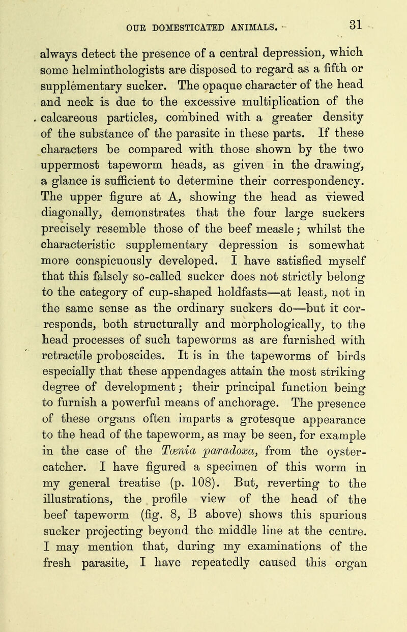 always detect tlie presence of a central depression, wliicli some helmintliologists are disposed to regard as a fifth or supplementary sucker. The opaque character of the head and neck is due to the excessive multiplication of the calcareous particles, combined with a greater density of the substance of the parasite in these parts. If these characters be compared with those shown by the two uppermost tapeworm heads, as given in the drawing, a glance is sufficient to determine their correspondency. The upper figure at A, showing the head as viewed diagonally, demonstrates that the four large suckers precisely resemble those of the beef measle; whilst the characteristic supplementary depression is somewhat more conspicuously developed. I have satisfied myself that this falsely so-called sucker does not strictly belong to the category of cup-shaped holdfasts—at least, not in the same sense as the ordinary suckers do—but it cor- responds, both structurally and morphologically, to the head processes of such tapeworms as are furnished with retractile proboscides. It is in the tapeworms of birds especially that these appendages attain the most striking degree of development; their principal function being to furnish a powerful means of anchorage. The presence of these organs often imparts a grotesque appearance to the head of the tapeworm, as may be seen, for example in the case of the Tcenia jparadoxa, from the oyster- catcher. I have figured a specimen of this worm in my general treatise (p. 108). But, reverting to the illustrations, the profile view of the head of the beef tapeworm (fig. 8, B above) shows this spurious sucker projecting beyond the middle line at the centre. I may mention that, during my examinations of the fresh parasite, I have repeatedly caused this organ