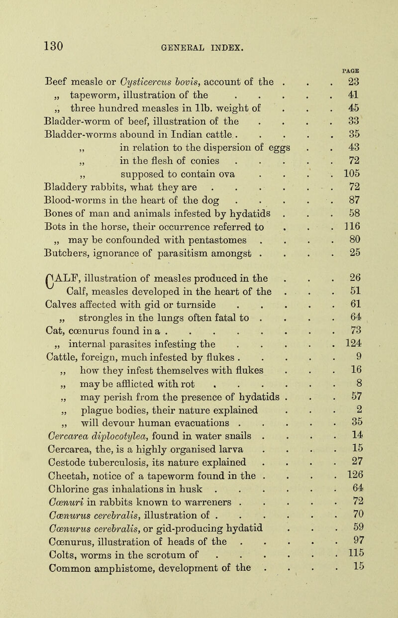 PAGE Eeef measle or Cysticercus hovis, account of the ... 23 „ tapeworm, illustration of the 41 „ three hundred measles in lib. weight of . . .45 Bladder-worm of beef, illustration of the . . . .33 Bladder-worms abound in Indian cattle, 35 ,, in relation to the dispersion of eggs . . 43 „ in the flesh of conies . . • • .72 „ supposed to contain ova .... 105 Bladdery rabbits, what they are . . . . . ■ . 72 Blood-worms in the heart of the dog . . . . . 87 Bones of man and animals infested by hydatids ... 58 Bots in the horse, their occurrence referred to . . . ] 16 „ may be confounded with pentastomes .... 80 Butchers, ignorance of parasitism amongst .... 25 QALF, illustration of measles produced in the . . . 26 Calf, measles developed in the heart of the . . .51 Calves affected with gid or tumside 61 „ strongles in the lungs often fatal to . . . .64 Cat, coenurus found in a . 73 „ internal parasites infesting the 124 Cattle, foreign, much infested by flukes 9 „ how they infest themselves with flukes ... 16 „ may be afflicted with rot 8 „ may perish from the presence of hydatids ... 57 „ plague bodies, their nature explained ... 2 „ will devour human evacuations 35 Cercarea diplocotylea, found in water snails .... 14 Cercarea, the, is a highly organised larva .... 15 Cestode tuberculosis, its nature explained .... 27 Cheetah, notice of a tapeworm found in the . . . . 126 Chlorine gas inhalations in husk 64 Coenuri in rabbits known to warreners . . 72 Ccenurus cerehralis, illustration of . . . . . .70 CoBiiurus cerehralis, or gid-producing hydatid ... 59 Coenurus, illustration of heads of the . . . . .97 Colts, worms in the scrotum of . . . • • * Common amphistome, development of the . . . .15