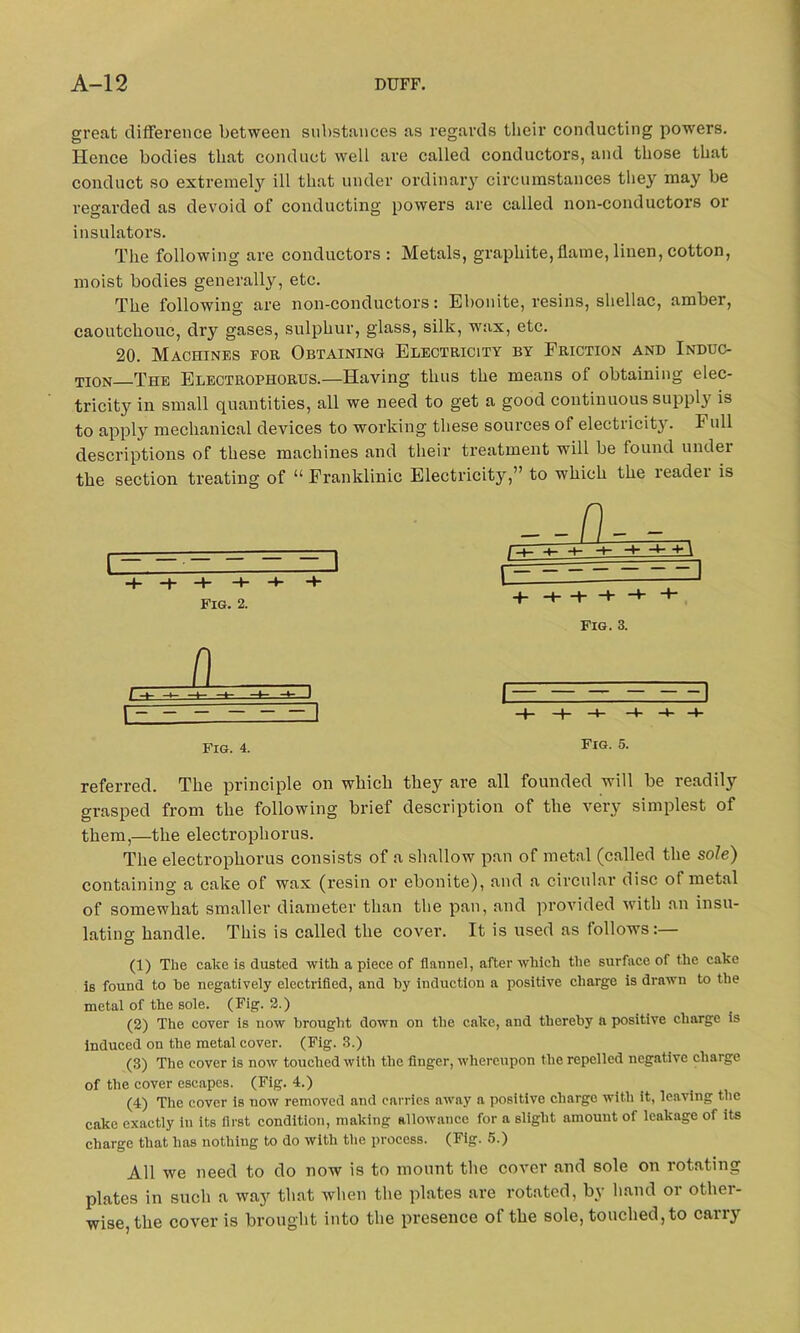 great difference between substances as regards their conducting powers. Hence bodies that conduct well are called conductors, and those that conduct so extremely ill that under ordinary circumstances they may be regarded as devoid of conducting powers are called non-conductors or insulators. The following are conductors : Metals, graphite, flame, linen, cotton, moist bodies generally, etc. The following are non-conductors: Ebonite, resins, shellac, amber, caoutchouc, dry gases, sulphur, glass, silk, wax, etc. 20. Machines for Obtaining Electricity by Friction and Induc- TIOn The Electrophorus.—Having thus the means of obtaining elec- tricity in small quantities, all we need to get a good continuous supply is to apply mechanical devices to working these sources ol electricity. Full descriptions of these machines and their treatment will be found under the section treating of “ Franklinic Electricity,” to which the readei is [ -f- H- Fig. 2. Fig. 4. --A-- Fig. 3. Fig. 5. referred. The principle on which they are all founded will be readily grasped from the following brief description of the very simplest of them,—the electrophorus. The electrophorus consists of a shallow pan of metal (called the sole) containing a cake of wax (resin or ebonite), and a circular disc of metal of somewhat smaller diameter than the pan, and provided with an insu- lating handle. This is called the cover. It is used as follows:— (1) The cake is dusted with a piece of flannel, after which the surface of the cake is found to he negatively electrified, and by induction a positive charge is drawn to the metal of the sole. (Fig. 2.) (2) The cover is now brought down on the cake, and thereby a positive charge is induced on the metal cover. (Fig. 3.) (3) The cover is now touched with the finger, whereupon the repelled negative charge of the cover escapes. (Fig. 4.) (4) The cover is now removed and carries away a positive charge with it, leaving the cake exactly in its first condition, making allowance for a slight amount of leakage of its charge that has nothing to do with the process. (Fig. 5.) All we need to do now is to mount the cover and sole on rotating plates in such a way that when the plates are rotated, by hand or other- wise, the cover is brought into the presence of the sole, touched, to carry