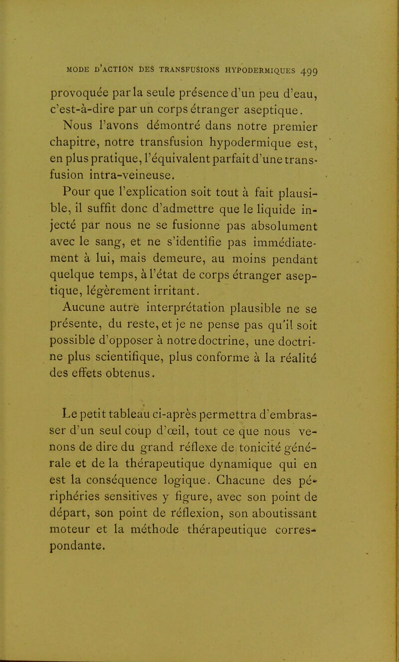 provoquée parla seule présence d'un peu d'eau, c'est-à-dire par un corps étranger aseptique. Nous l'avons démontré dans notre premier chapitre, notre transfusion hypodermique est, en plus pratique, l'équivalent parfait d'une trans- fusion intra-veineuse. Pour que l'explication soit tout à fait plausi- ble, il suffit donc d'admettre que le liquide in- jecté par nous ne se fusionne pas absolument avec le sang, et ne s'identifie pas immédiate- ment à lui, mais demeure, au moins pendant quelque temps, à l'état de corps étranger asep- tique, légèrement irritant. Aucune autre interprétation plausible ne se présente, du reste, et je ne pense pas qu'il soit possible d'opposer à notre doctrine, une doctri- ne plus scientifique, plus conforme à la réalité des effets obtenus. Le petit tableau ci-après permettra d'embras- ser d'un seul coup d'œil, tout ce que nous ve- nons de dire du grand réflexe de tonicité géné- rale et de la thérapeutique dynamique qui en est la conséquence logique. Chacune des pé* riphéries sensitives y figure, avec son point de départ, son point de réflexion, son aboutissant moteur et la méthode thérapeutique corres- pondante.