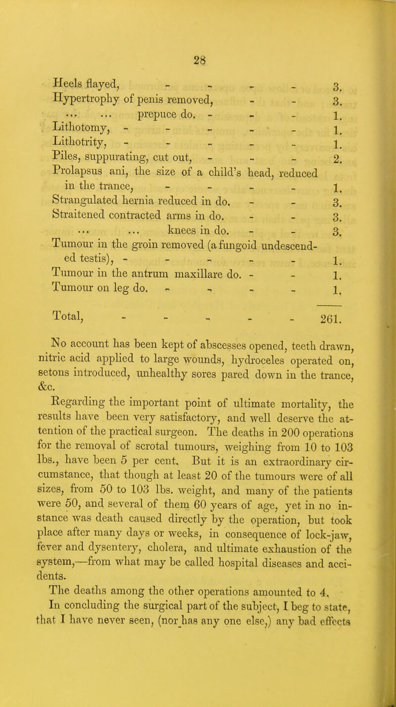 Heels flayed, - - - - 3. Hjrpertropliy of penis removed, - - 3. prepuce do. - - - i. Lithotomy, - - - _ _ Lithotrity, - - - _ _ j Piles, suppurating, cut out, - - - 2. Prolapsus ani, the size of a child's head, reduced in the trance, - - - _ Strangulated hernia reduced in do. - - 3. Straitened contracted arms in do. - - 3. knees in do. - - 3. Tumour in the groin removed (a fungoid undescend- ed testis), ----- 1. Tumour in the antrum maxillare do. - - 1. Tumour on leg do. - - _ i. Total, - - . . - 261. No account has been kept of abscesses opened, teeth drawn, nitric acid applied to large wounds, hydroceles operated on, setons inti-oduced, unhealthy sores pared down in the trance, &c. Eegarding the important point of ultimate mortality, the results have been very satisfactory, and well deserve the at- tention of the practical surgeon. The deaths in 200 operations for the removal of scrotal tumom-s, weighing from 10 to 103 lbs., have been 5 per cent. But it is an exti-aordinaiy cir- cumstance, that though at least 20 of the turaom-s were of all sizes, fr-om 50 to 103 lbs. weight, and many of the patients were 50, and several of them 60 years of age, yet in no in- stance was death caused directly by the operation, but took place after many days or weeks, in consequence of lock-jaw, fever and dysentery, cholera, and ultimate exhaustion of the system,—from what may be called hospital diseases and acci- dents. The deaths among the other operations amounted to 4. In concluding the surgical part of the subject, I beg to state, that I have never seen, (nor has any one else,) any bad effects