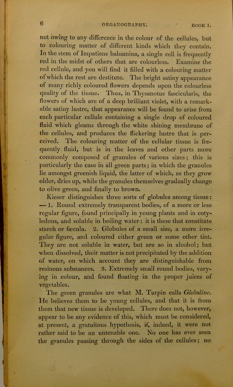 not owing to any difference in the colour of the cellules, but to colouring matter of different kinds which they contain. In the stem of Impatiens balsamina, a single cell is frequently red in the midst of others that are colourless. Examine the red cellule, and you will find it filled with a colouring matter of which the rest are destitute. The bright satiny appearance of many richly coloured flowers depends upon the colourless quality of the tissue. Thus, in Thysanotus fascicularis, the flowers of which are of a deep brilliant violet, with a remark- able satiny lustre, that appearance will be found to arise from each particular cellule containing a single drop of coloured fluid which gleams through the white shining membrane of the cellules, and produces the flickering lustre that is per- ceived. The colouring matter of the cellular tissue is fre- quently fluid, but is in the leaves and other parts more commonly composed of granules of various sizes; this is particularly the case in all green parts; in which the granules lie amongst greenish liquid, the latter of which, as they grow older, dries up, while the granules themselves gradually change to olive green, and finally to brown. Kieser distinguishes three sorts of globules among tissue: — 1. Round extremely transparent bodies, of a more or less regular figure, found principally in young plants and in coty- ledons, and soluble in boiling water: it is these that constitute starch or faecula. 2. Globules of a small size, a more irre- gular figure, and coloured either green or some other tint. They are not soluble in water, but are so in alcohol; but when dissolved, their matter is not precipitated by the addition of water, on which account they are distinguishable from resinous substances. 3. Extremely small round bodies, vary- ing in colour, and found floating in the proper juices of vegetables. The green granules are what M. Turpin calls Globuline. He believes them to be young cellules, and that it is from them that new tissue is developed. There does not, however, appear to be any evidence of this, which must be considered, at present, a gratuitous hypothesis, if, indeed, it were not rather said to be an untenable one. No one has ever seen the granules passing through the sides of the cellules; no