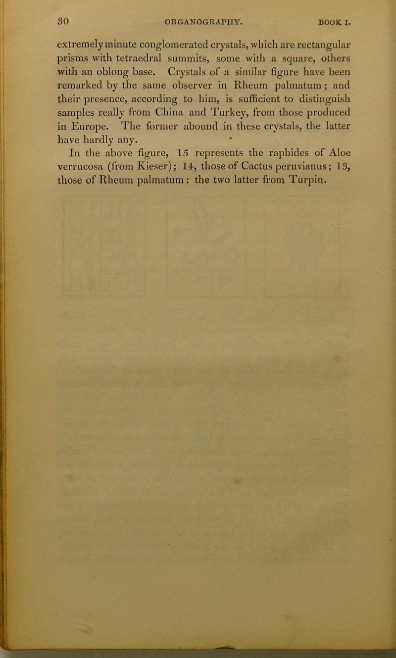 extremely minute conglomerated crystals, which are rectangular prisms with tetraedral summits, some with a square, others with an oblong base. Crystals of a similar figure have been remarked by the same observer in Rheum palmatum ; and tlieir presence, according to him, is sufficient to distinguish samples really from China and Turkey, from those produced in Europe. The former abound in these crystals, the latter have hardly any. In the above figure, 15 represents the raphides of Aloe verrucosa (from Kieser); 14, those of Cactus peruvianus; 13, those of Rheum palmatum: the two latter from Turpin.