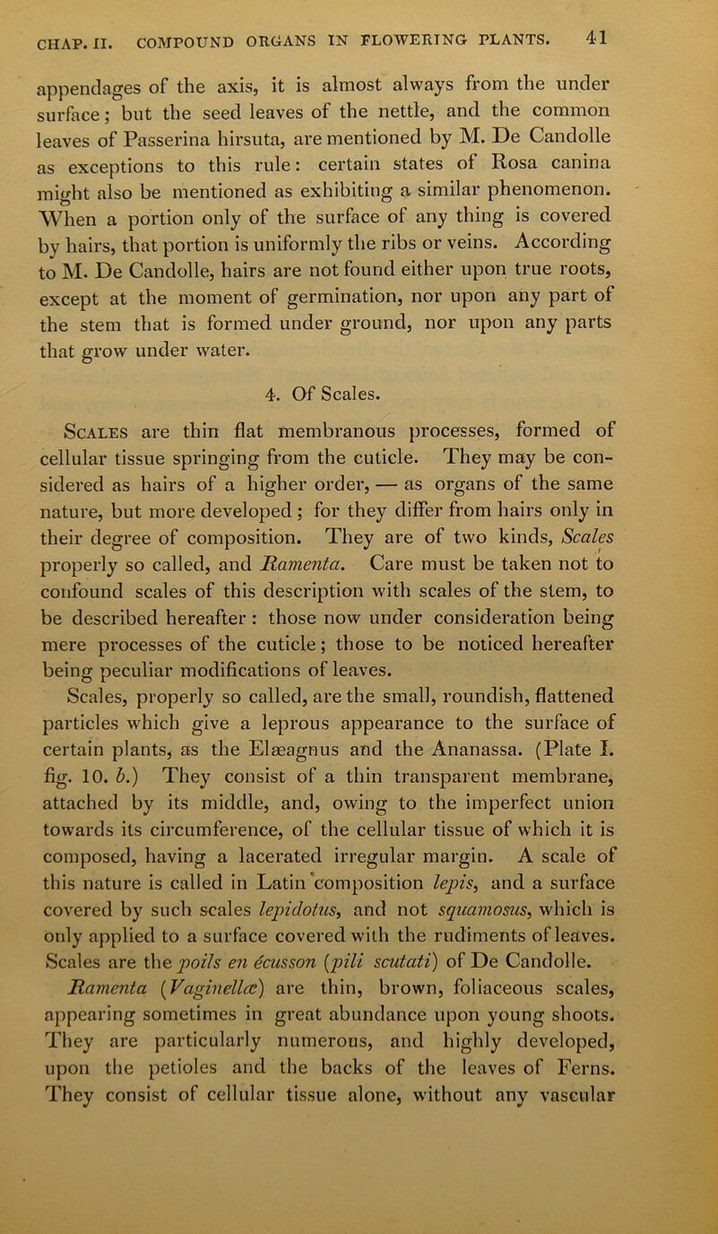 appendages of the axis, it is almost always from the under surface; but the seed leaves of the nettle, and the common leaves of Passerina hirsuta, are mentioned by M. De Candolle as exceptions to this rule: certain states of Rosa canina might also be mentioned as exhibiting a similar phenomenon. When a portion only of the surface of any thing is covered by hairs, that portion is uniformly the ribs or veins. According to M. De Candolle, hairs are not found either upon true roots, except at the moment of germination, nor upon any part of the stem that is formed, under ground, nor upon any parts that grow under water. 4. Of Scales. Scales are thin flat membranous processes, formed of cellular tissue springing from the cuticle. They may be con- sidered as hairs of a higher order, — as organs of the same nature, but more developed ; for they differ from hairs only in their degree of composition. They are of two kinds, Scales properly so called, and Momenta. Care must be taken not to confound scales of this description with scales of the stem, to be described hereafter: those now under consideration being mere processes of the cuticle; those to be noticed hereafter being peculiar modifications of leaves. Scales, properly so called, are the small, roundish, flattened particles which give a leprous appearance to the surface of certain plants, as the Elseagnus and the Ananassa. (Plate I. fig. 10. b.) They consist of a thin transparent membrane, attached by its middle, and, owing to the imperfect union towards its circumference, of the cellular tissue of which it is composed, having a lacerated irregular margin. A scale of this nature is called in Latin composition lepis, and a surface covered by such scales lepidotus, and not squamosus, which is only applied to a surface covered with the rudiments of leaves. Scales are the polls en ecus son (pill scutati) of De Candolle. Momenta (Vciginellce) are thin, brown, foliaceous scales, appearing sometimes in great abundance upon young shoots. They are particularly numerous, and highly developed, upon the petioles and the backs of the leaves of Ferns. They consist of cellular tissue alone, without any vascular