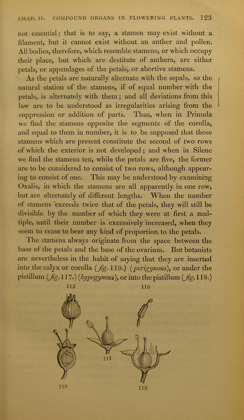 not essential; that is to say, a stamen may exist without a filament, but it cannot exist without an anther and pollen. All bodies, therefore, which resemble stamens, or which occupy their place, but which are destitute of anthera, are either petals, or appendages of the petals, or abortive stamens. As the petals are naturally alternate with the sepals, so the natural station of the stamens, if of equal number with the petals, is alternately with them ; and all deviations from this law are to be understood as irregularities arising from the 1 suppression or addition of parts. Thus, when in Primula we find the stamens opposite the segments of the corolla, and equal to them in number, it is to be supposed that those stamens which are present constitute the second of two rows of which the exterior is not developed; and when in Silene we find the stamens ten, while the petals are five, the former are to be considered to consist of two rows, although appear- ing to consist of one. This may be understood by examining Oxalis, in which the stamens are all apparently in one row, but are alternately of different lengths. When the number of stamens exceeds twice that of the petals, they will still be divisible by the number of which they were at first a mul- tiple, until their number is excessively increased, when they seem to cease to bear any kind of proportion to the petals. The stamens always originate from the space between the base of the petals and the base of the ovarium. But botanists are nevertheless in the habit of saying that they are inserted into the calyx or corolla (jig. 119.) (pcrigynons), or under the pistillum {Jig. 117.) ([typogynoiis), or into the pistillum {Jig. 118.) 115 116
