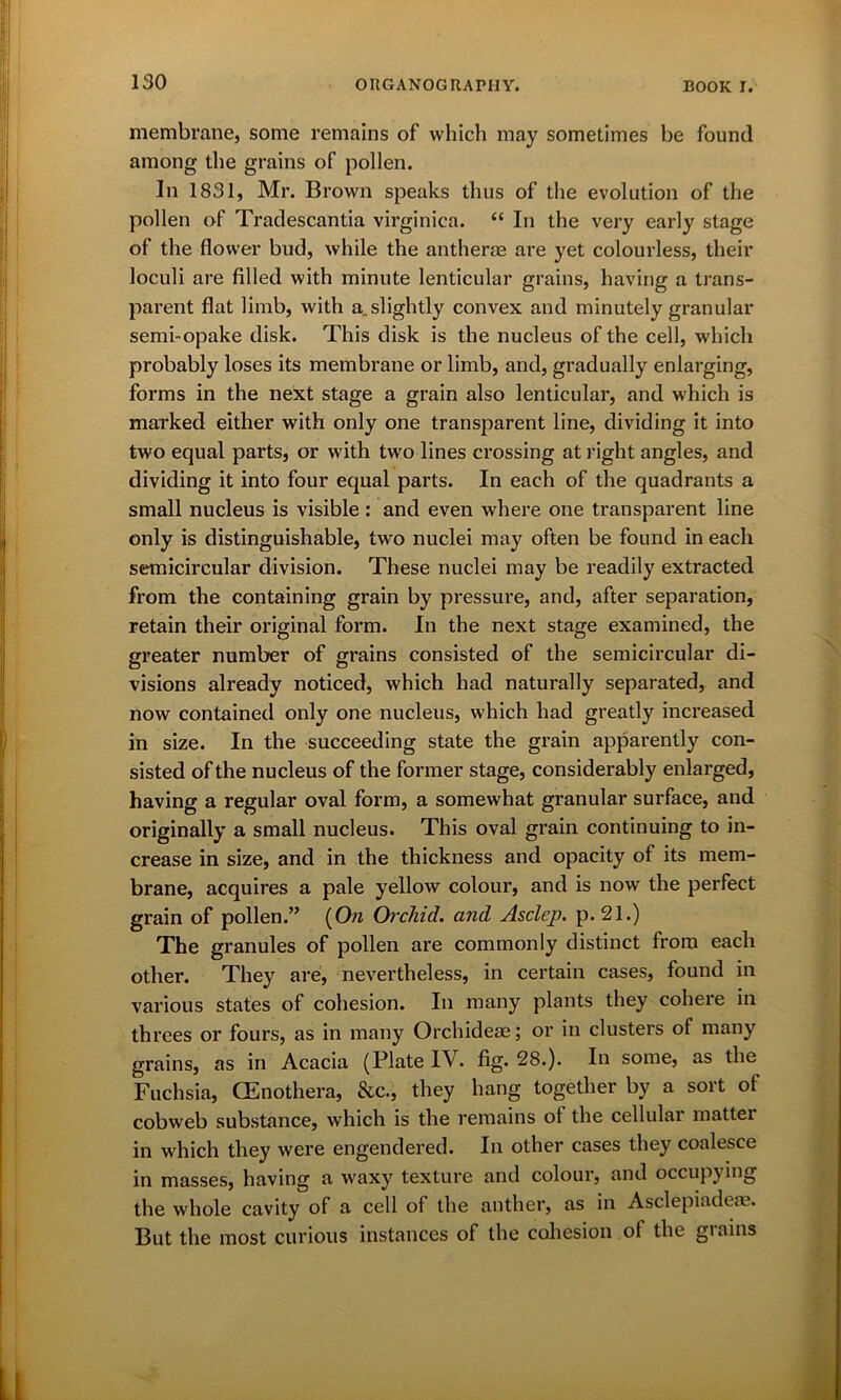 membrane, some remains of which may sometimes be found among the grains of pollen. In 1831, Mr. Brown speaks thus of the evolution of the pollen of Tradescantia virginica. “ In the very early stage of the flower bud, while the antherae are yet colourless, their loculi are filled with minute lenticular grains, having a trans- parent flat limb, with a„ slightly convex and minutely granular semi-opake disk. This disk is the nucleus of the cell, which probably loses its membrane or limb, and, gradually enlarging, forms in the next stage a grain also lenticular, and which is marked either with only one transparent line, dividing it into two equal parts, or with two lines crossing at right angles, and dividing it into four equal parts. In each of the quadrants a small nucleus is visible : and even where one transparent line only is distinguishable, two nuclei may often be found in each semicircular division. These nuclei may be readily extracted fi'om the containing grain by pressure, and, after separation, retain their original form. In the next stage examined, the greater number of grains consisted of the semicircular di- visions already noticed, which had naturally separated, and now contained only one nucleus, which had greatly increased in size. In the succeeding state the grain apparently con- sisted of the nucleus of the former stage, considerably enlarged, having a regular oval form, a somewhat granular surface, and originally a small nucleus. This oval grain continuing to in- crease in size, and in the thickness and opacity of its mem- brane, acquires a pale yellow colour, and is now the perfect grain of pollen.” (0« Orclud. and Asclcp. p. 21.) The granules of pollen are commonly distinct from each other. They are, nevertheless, in certain cases, found in various states of cohesion. In many plants they cohere in threes or fours, as in many Orchideae; or in clusters of many grains, as in Acacia (Plate IV. fig. 28.). In some, as the Fuchsia, (Enothera, &c., they hang together by a sort of cobweb substance, which is the remains ot the cellular mattei in which they were engendered. In other cases they coalesce in masses, having a waxy texture and colour, and occupying the whole cavity of a cell of the anther, as in Asclepiadeae. But the most curious instances of the cohesion of the grains