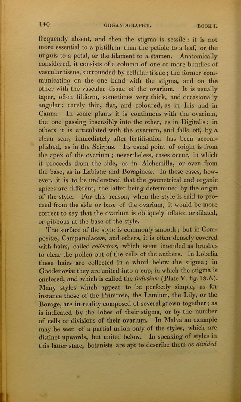 frequently absent, and then the stigma is sessile : it is not more essential to a pistillum than the petiole to a leaf, or the unguis to a petal, or the filament to a stamen. Anatomically considered, it consists of a column of one or more bundles of vascular tissue, surrounded by cellular tissue; the former com- municating on the one hand with the stigma, and on the other with the vascular tissue of the ovarium. It is usually taper, often filiform, sometimes very thick, and occasionally angular: rarely thin, flat, and coloured, as in Iris and in Canna. In some plants it is continuous with the ovarium, the one passing insensibly into the other, as in Digitalis; in others it is articulated with the ovarium, and falls off, by a clean scar, immediately after fertilisation has been accom- plished, as in the Scirpus. Its usual point of origin is from the apex of the ovarium ; nevertheless, cases occur, in which it proceeds from the side, as in Alchemilla, or even from the base, as in Labiatse and Boragineae. In these cases, how- ever, it is to be understood that the geometrical and organic apices are different, the latter being determined by the origin of the style. For this reason, when the style is said to pro- ceed from the side or base of the ovarium, it would be more correct to say that the ovarium is obliquely inflated or dilated, or gibbous at the base of the style. The surface of the style is commonly smooth ; but in Com- posite, Campanulaceae, and others, it is often densely covered with hairs, called collectors, which seem intended as brushes to clear the pollen out of the cells of the anthers. In Lobelia these hairs are collected in a whorl below the stigma; in Goodenoviae they are united into a cup, in which the stigma is enclosed, and which is called the indusium (Plate V. fig. 13.6.). Many styles which appear to be perfectly simple, as for instance those of the Primrose, the Lamium, the Lily, or the Borage, are in reality composed of several grown together; as is indicated by the lobes of their stigma, or by the number of cells or divisions of their ovarium. In Malva an example may be seen of a partial union only of the styles, which are distinct upwards, but united below. In speaking of styles in this latter state, botanists are apt to describe them as divided