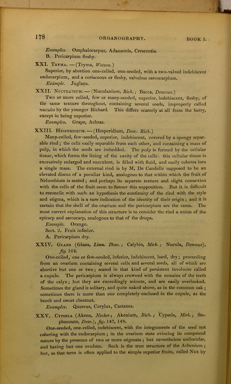 Examples. Omphalocarpqs, Adansonia, Crescentia. B. Pericarpium fleshy. XXI. Tryma.—(Tryma, Watson.) Superior, by abortion onc-celled, one-seeded, with a two-valved indehiscent endocarpium, and a coriaceous or fleshy, valveless sarcocarpium. Example. Juglans. XXII. Nuculanium. — (Nuculanium, Rich.; Bacca, Desvaux.) Two or more celled, few or many-seeded, superior, indehiscent, fleshy, of the same texture throughout, containing several seeds, improperly called nucules by the younger Richard. This differs scarcely at all from the berry, except in being superior. Examples. Grape, Achras. XXIII. Hesperidium.— (Hesperidium, Desv. Rich.) Many-celled, few-seeded, superior, indehiscent, covered by a spongy separ- able rind; the cells easily separable from each other, and containing a mass of pulp, in which the seeds are imbedded. The pulp is formed by the cellular tissue, which forms the lining of the cavity of the cells : this cellular tissue is excessively enlarged and succulent, is filled with fluid, and easily coheres into a single mass. The external rind is by M. De Candolle supposed to be an elevated discus of a peculiar kind, analogous to that within which the fruit of Nelumbium is seated; and perhaps its separate texture and slight connexion with the cells of the fruit seem to favour this supposition. But it is difficult to reconcile with such an hypothesis the continuity of the rind with the style and stigma, which is a sure indication of the identity of their origin; and it is certain that the shell of the ovarium and the pericarpium are the same. The most correct explanation of this structure is to consider the rind a union of the epicarp and sarcocarp, analogous to that of the drupa. Example. Orange. Sect. 2. Fruit inferior. A. Pericarpium dry. XXIV. Glans (Gians, Linn. Desv.; Calybio, Mirb.; Nucula, Desvaux), Jig. 164. One-celled, one or few-seeded, inferior, indehiscent, hard, dry; proceeding from an ovarium containing several cells and several seeds, all of which are abortive but one or two; seated in that kind of persistent involucre called a cupule. The pericarpium is always crowned with the remains of the teeth of the calyx; but they are exceedingly minute, and are easily overlooked. Sometimes the gland is solitary, and quite naked above, as in the common oak; sometimes there is more than one completely enclosed in the cupule, as the beech and sweet chestnut. Examples. Quercus, Corylus, Castanea. XXV. Cypsela (Akena, Necker; Akenium, Rich.; Cypsela, Mirb.; Ste- phanoum, Desv.), Jig. 147, 148. Gne-seeded, one-celled, indehiscent, with the integuments of the seed not cohering with the endocarpium ; in the ovarium state evincing its compound nature by the presence of two or more stigmata ; but nevertheless unilocular, and having but one ovulum. Such is the true structure of the Achenium ; but, as that term is often applied to the simple superior fruits, called Nux by