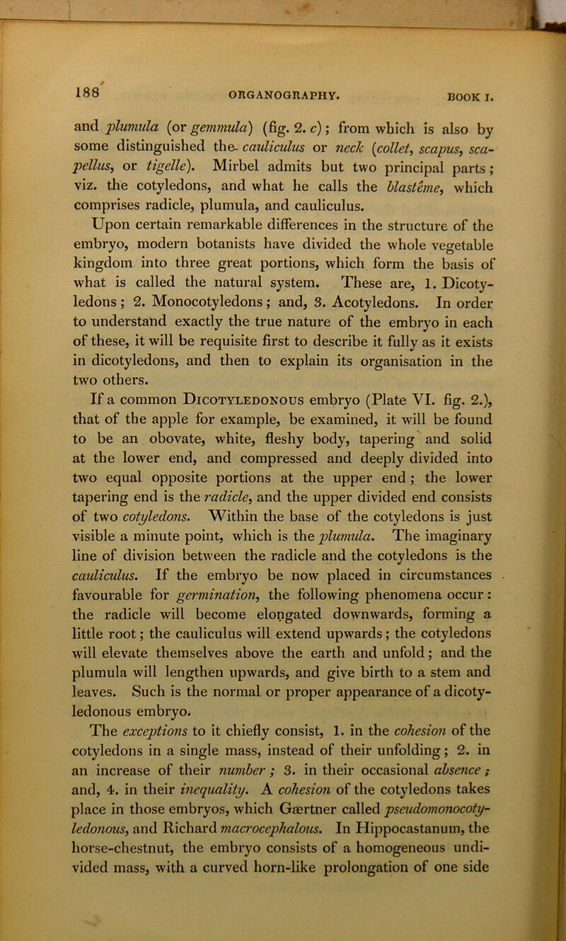 and plumula (or gemmulci) (fig. 2. c); from which is also by some distinguished the- cauliculus or neck (collet, scapus, sca- pellus, or tigelle). Mirbel admits but two principal parts ; viz. the cotyledons, and what he calls the blasteme, which comprises radicle, plumula, and cauliculus. Upon certain remarkable differences in the structure of the embryo, modern botanists have divided the whole vegetable kingdom into three great portions, which form the basis of what is called the natural system. These are, 1. Dicoty- ledons ; 2. Monocotyledons; and, 3. Acotyledons. In order to understand exactly the true nature of the embryo in each of these, it will be requisite first to describe it fully as it exists in dicotyledons, and then to explain its organisation in the two others. If a common Dicotyledonous embryo (Plate VI. fig. 2.), that of the apple for example, be examined, it will be found to be an obovate, white, fleshy body, tapering and solid at the lower end, and compressed and deeply divided into two equal opposite portions at the upper end; the lower tapering end is the radicle, and the upper divided end consists of two cotyledons. Within the base of the cotyledons is just visible a minute point, which is the plumida. The imaginary line of division between the radicle and the cotyledons is the cauliculus. If the embryo be now placed in circumstances favourable for germination, the following phenomena occur: the radicle will become elongated downwards, forming a little root; the cauliculus will extend upwards; the cotyledons will elevate themselves above the earth and unfold; and the plumula will lengthen upwards, and give birth to a stem and leaves. Such is the normal or proper appearance of a dicoty- ledonous embryo. The exceptions to it chiefly consist, 1. in the cohesion of the cotyledons in a single mass, instead of their unfolding; 2. in an increase of their number ; 3. in their occasional absence; and, 4. in their inequality. A cohesion of the cotyledons takes place in those embryos, which Gaertner called pseudomonocoty- ledonous, and Richard macrocephalous. In Hippocastanum, the horse-chestnut, the embryo consists of a homogeneous undi- vided mass, with a curved horn-like prolongation of one side