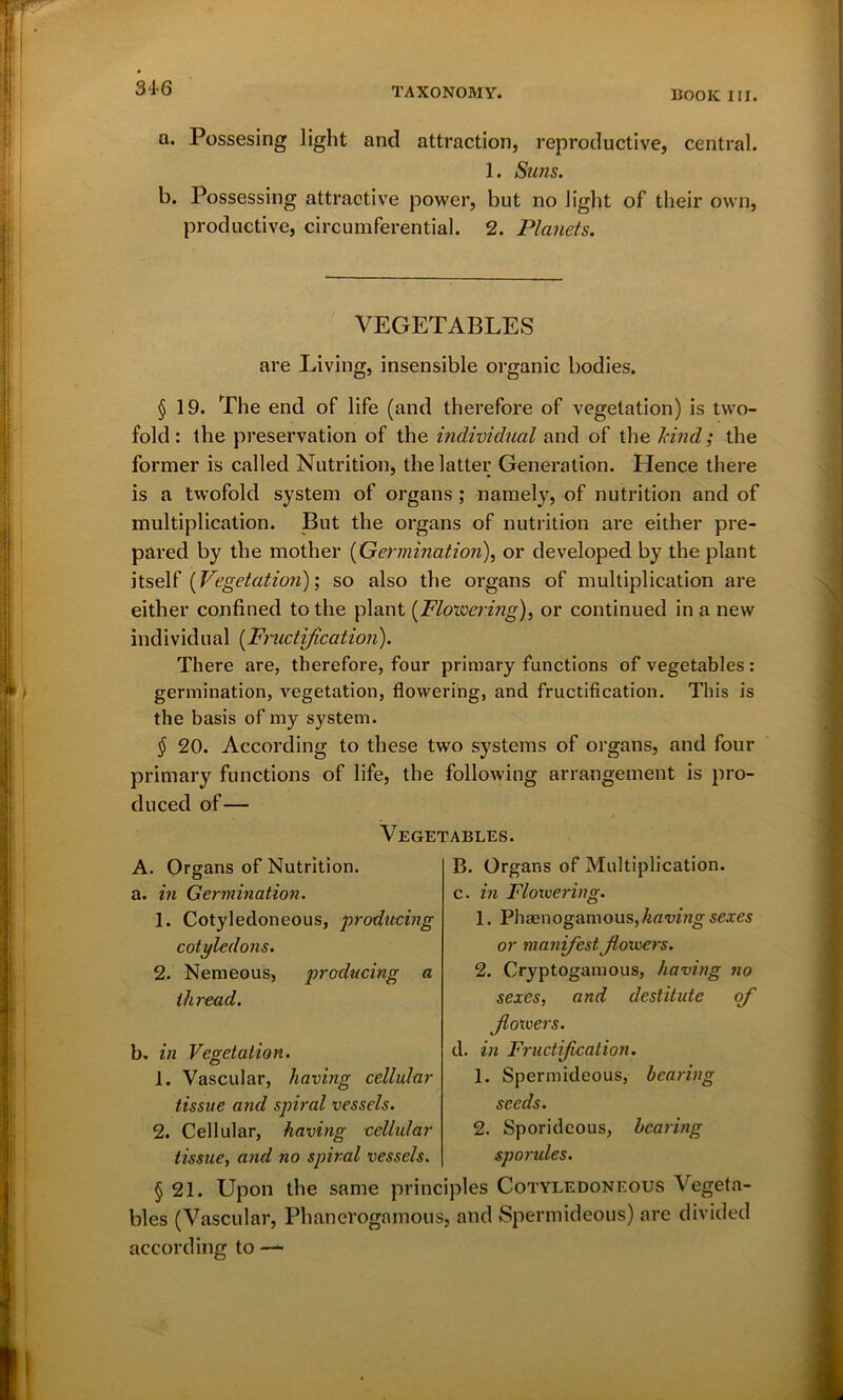 a. Possesing light and attraction, reproductive, central. 1. Suns. b. Possessing attractive power, but no light of their own, productive, circumferential. 2. Planets. VEGETABLES are Living, insensible organic bodies. § 19. The end of life (and therefore of vegetation) is two- fold: the preservation of the individual and of the land; the former is called Nutrition, the latter Generation. Hence there is a twofold system of organs ; namely, of nutrition and of multiplication. But the organs of nutrition are either pre- pared by the mother (Germination), or developed by the plant itself [Vegetation); so also the organs of multiplication are either confined to the plant (Flowering), or continued in a new individual (Fructification). There are, therefore, four primary functions of vegetables: germination, vegetation, flowering, and fructification. This is the basis of my system. § 20. According to these two systems of organs, and four primary functions of life, the following arrangement is pro- duced of— Vegetables. A. Organs of Nutrition. a. in Germination. 1. Cotyledoneous, producing cotyledons. 2. Nemeous, producing a thread. b. in Vegetation. 1. Vascular, having cellular tissue and spiral vessels. 2. Cellular, having cellular tissue, and no spiral vessels. B. Organs of Multiplication. c. in Floivering. 1. Phaenogamous,having sexes or manifest flowers. 2. Cryptogamous, having no sexes, and destitute of flowers. d. in Fructification. 1. Spermideous, bearing seeds. 2. Sporideous, bearing sporules. Cotyledoneous Vegeta- are divided § 21. Upon the same principles bles (Vascular, Phanerogamous, and Spermideous) according to —