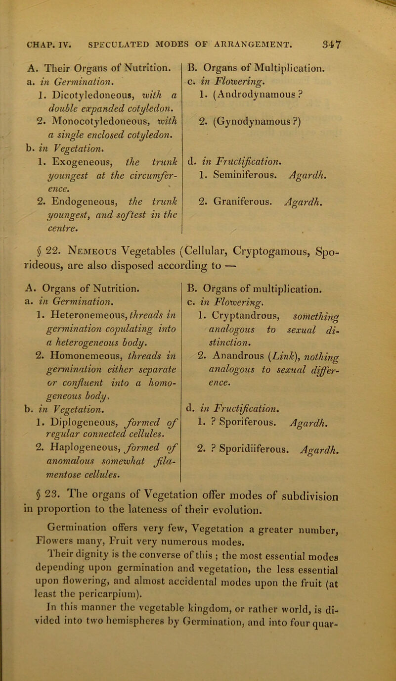 A. Their Organs of Nutrition. a. in Germination. 1. Dicotyledoneous, 'with a double expanded cotyledon. 2. Monocotyledoneous, with a single enclosed cotyledon. b. in Vegetation. 1. Exogeneous, the trunk youngest at the circumfer- ence. 2. Endogeneous, the trunk youngest, and softest in the centre. B. Organs of Multiplication. c. in Flowering. 1. (Androdynamous ? 2. (Gynodynamous ?) d. in Fructification. 1. Seminiferous. Agardh. 2. Graniferous. Agardh. § 22. Nemeous Vegetables (Cellular, Cryptogamous, Spo- rideous, are also disposed according to — A. Organs of Nutrition. a. in Germination. 1. Heteronemeous, threads in germination copidating into a heterogeneous body. 2. Homonemeous, threads in germination either separate or confluent into a homo- geneous body, b. in Vegetation. 1. Diplogeneous, formed of regular connected cellules. 2. Haplogeneous, formed of anomalous somewhat fila- mentose cellules. B. Organs of multiplication. c. in Flowering. 1. Cryptandrous, something analogous to sexual di- stinction. 2. Anandrous [Link), nothing analogous to sexual differ- ence. d. in Fructification. 1. ? Sporiferous. Agardh. 2. ? Sporidiiferous. Agardh. § 23. The organs of Vegetation offer modes of subdivision in proportion to the lateness of their evolution. Germination offers very few, Vegetation a greater number, Flowers many, Fruit very numerous modes. lheir dignity is the converse of this ; the most essential modes depending upon germination and vegetation, the less essential upon flowering, and almost accidental modes upon the fruit (at least the pericarpium). In this manner the vegetable kingdom, or rather world, is di- vided into two hemispheres by Germination, and into fourquar-