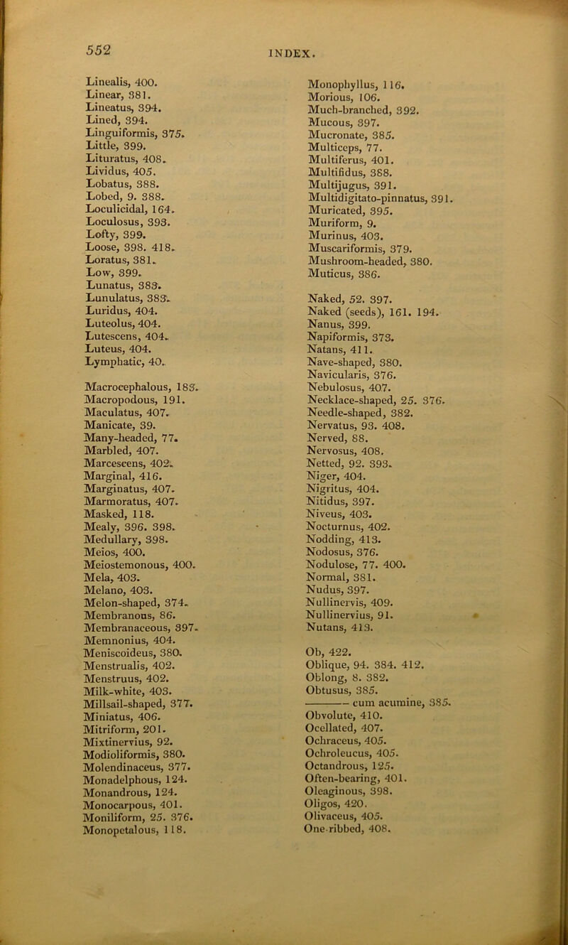 Linealis, 400. Linear, 881. Lineatus, 394. Lined, 394. Linguiformis, 375. Little, 399. Lituratus, 408. Livklus, 405. Lobatus, 388. .Lobed, 9. 388. Loculicidal, 164. Loculosus, 393. Lofty, 399. Loose, 398. 418. Loratus, 381. Low, 399. Lunatus, 383. Lunulatus, 383. Luridus, 404. Luteolus, 404. Lutescens, 404. Luteus, 404. Lymphatic, 40. Monophyllus, 116. Morious, 106. Much-branched, 392. Mucous, 397. Mucronate, 385. Multiceps, 77. Multiferus, 401. Multifidus, 388. Multijugus, 391. Multidigitato-pinnatus, 391. Muricated, 395. Muriform, 9. Murinus, 403. Muscariformis, 379. Mushroom-headed, 380. Muticus, 386. Naked, 52. 397. Naked (seeds), 161. 194. Nanus, 399. Napiformis, 373. Natans, 411. Nave-shaped, 380. Navicularis, 376. Macrocephalous, 183. Macropodous, 191. Maculatus, 407. Manicate, 39. Many-headed, 77. Marbled, 407. Marceseens, 402. Marginal, 416. Marginatus, 407. Marmoratus, 407. Masked, 118. Mealy, 396. 398. Medullary, 398. Meios, 400. Meiostemonous, 400. Mela, 403. Melano, 403. Melon-shaped, 374. Membranous, 86. Membranaceous, 397. Memnonius, 404. Meniscoideus, 380. Menstrualis, 402. Menstruus, 402. Milk-white, 403. Millsail-shaped, 377. Miniatus, 406. Mitriform, 201. Mixtinervius, 92. Modioliformis, 380. Molendinaceus, 377. Monadelphous, 124. Monandrous, 124. Monocarpous, 401. Moniliform, 25. 376. Monopetalous, 118. Nebulosus, 407. Necklace-shaped, 25. 376. Needle-shaped, 382. Nervatus, 93. 408. Nerved, 88. Nervosus, 408. Netted, 92. 393. Niger, 404. Nigrilus, 404. Nitidus, 397. Niveus, 403. Nocturnus, 402. Nodding, 413. Nodosus, 376. Nodulose, 77. 400. Normal, 381. Nudus, 397. Nullinervis, 409. Nullinervius, 91. Nutans, 413. Ob, 422. Oblique, 94. 384. 412. Oblong, 8. 382. Obtusus, 385. cum acumine, 385. Obvolute, 410. Ocellated, 407. Ochraceus, 405. Ochroleucus, 405. Octandrous, 125. Often-bearing, 401. Oleaginous, 398. Oligos, 420. Olivaceus, 405. One-ribbed, 408.